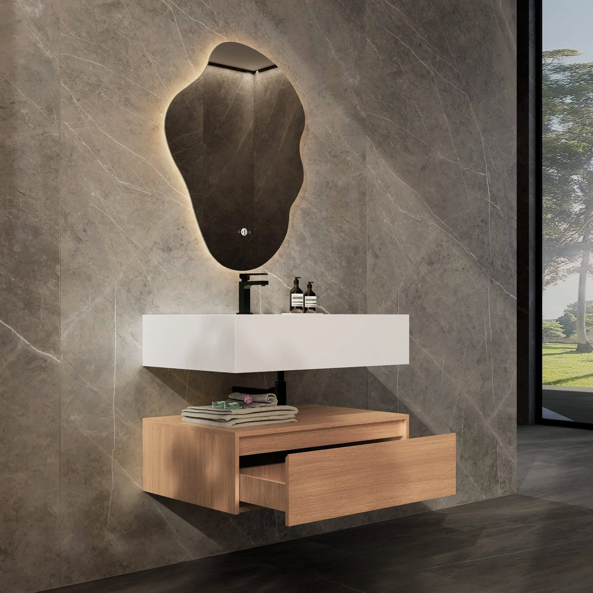 Aventino 32-40-inch pure white flat-front floating single-sink vanity — sintered stone top