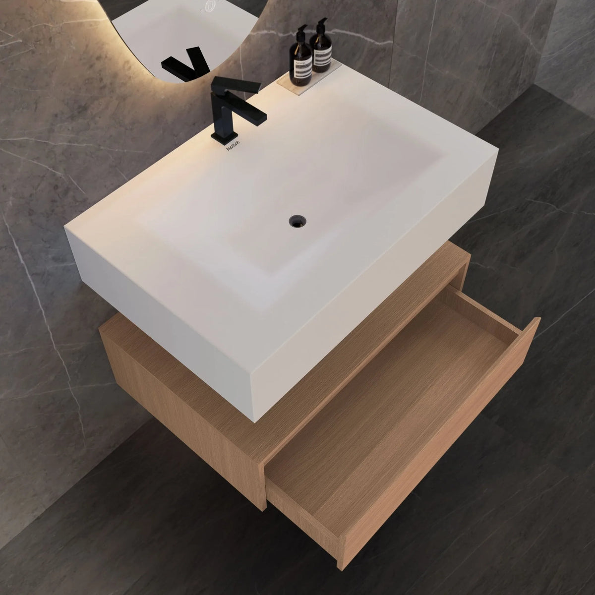 Aventino 32-40-inch pure white flat-front floating single-sink vanity — sintered stone top