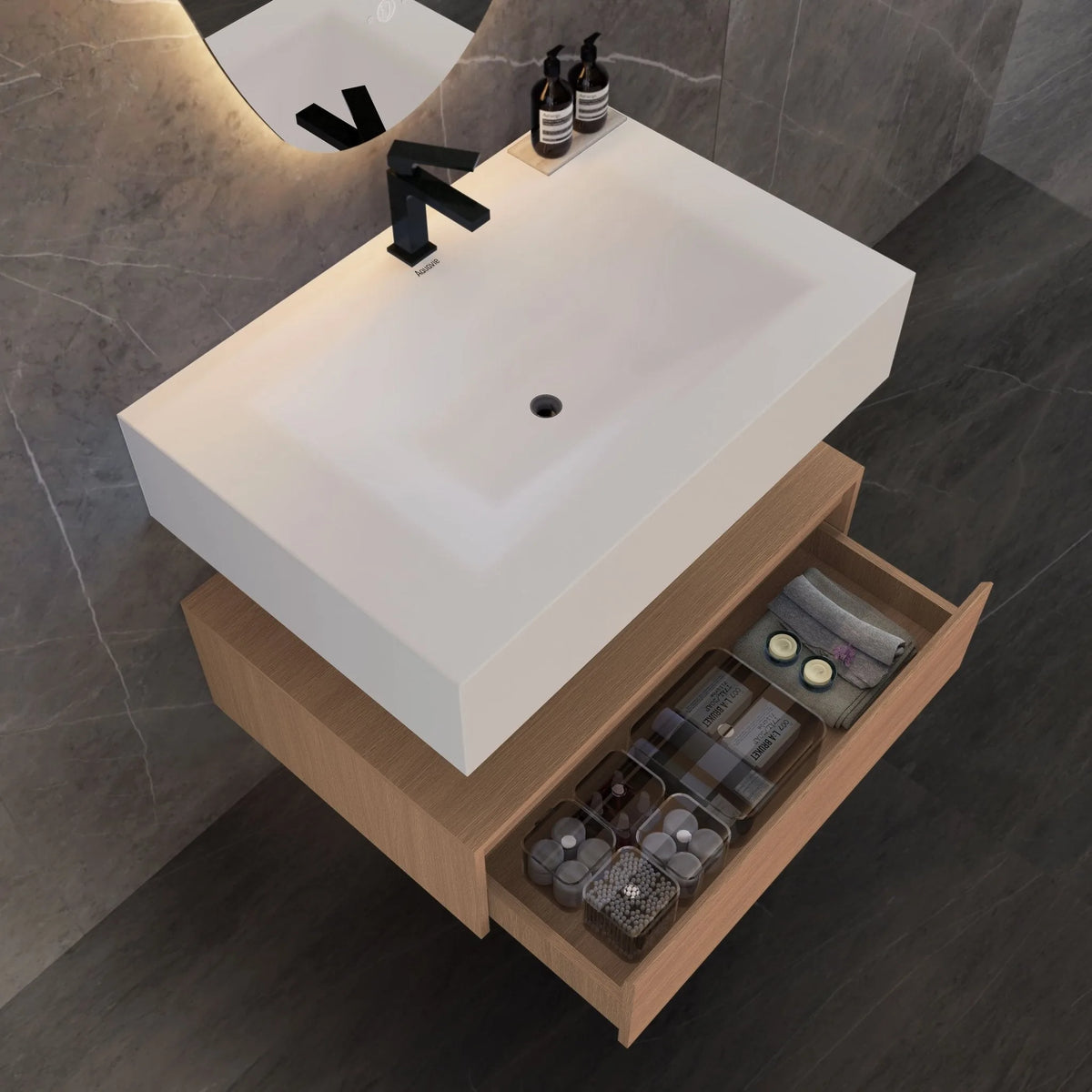 Aventino 32-40-inch pure white flat-front floating single-sink vanity — sintered stone top