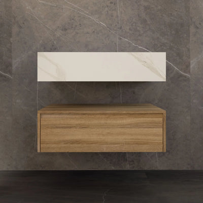 Aventino 32-40-inch white carrara flat-front floating single-sink vanity — sintered stone top