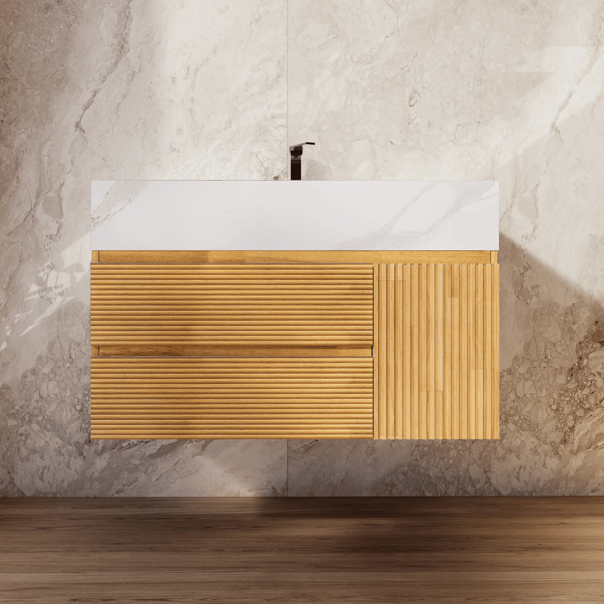 Aventino 32-40-inch white carrara fluted floating single-sink vanity — sintered stone top