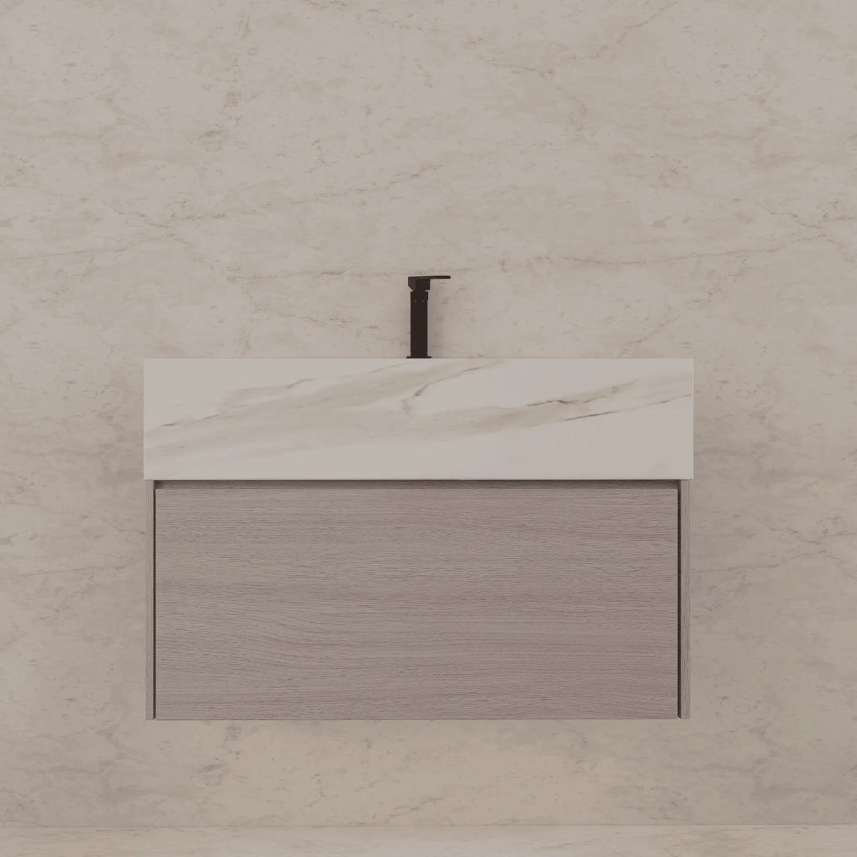 Aventino 32-40-inch white carrara fluted floating single-sink vanity — sintered stone top