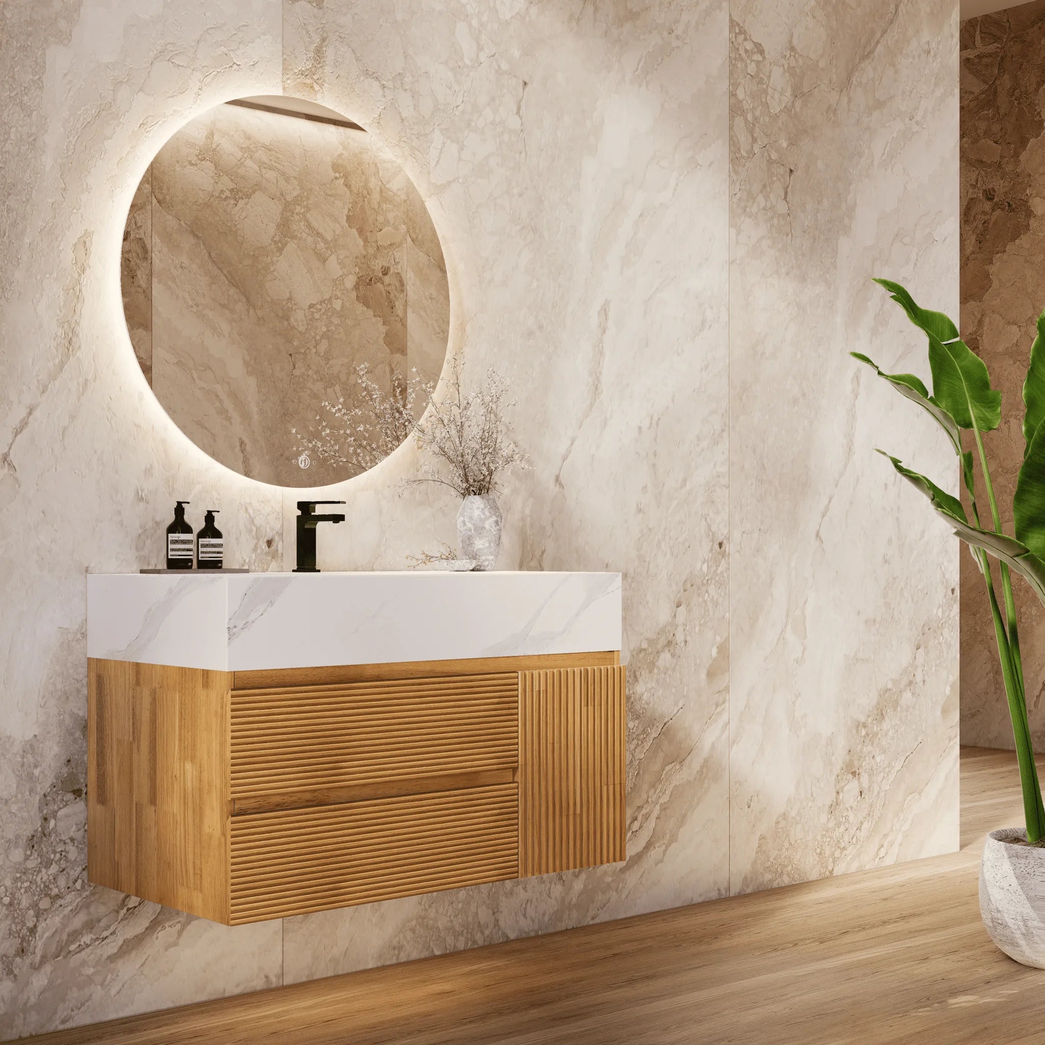 Aventino 32"/40" Oak Fluted Floating Single-Sink Vanity with Sintered Stone Top
