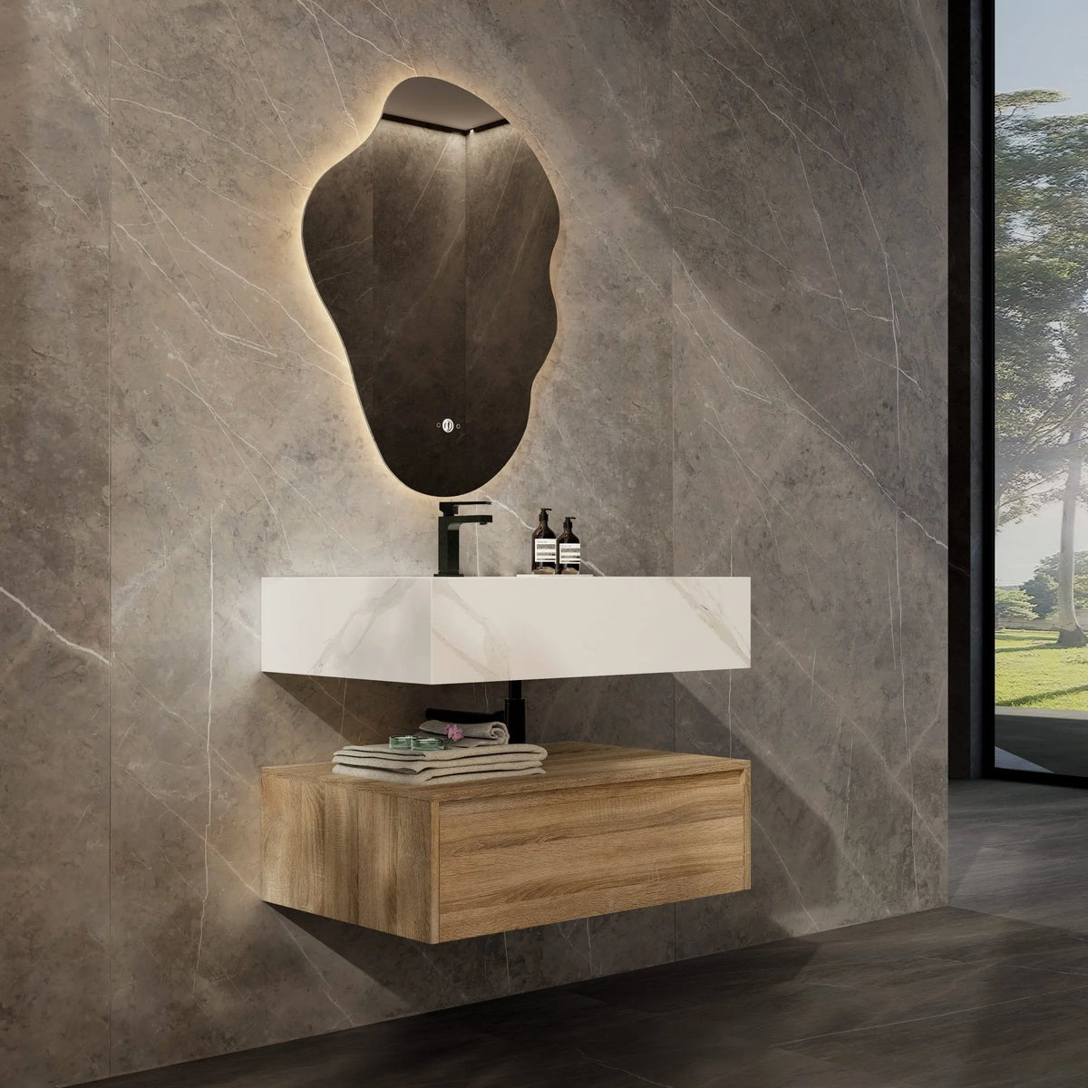 Aventino 32-40-inch white carrara flat-front floating single-sink vanity — sintered stone top