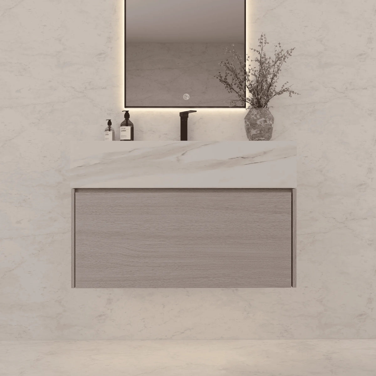 Aventino 32-40-inch white carrara fluted floating single-sink vanity — sintered stone top