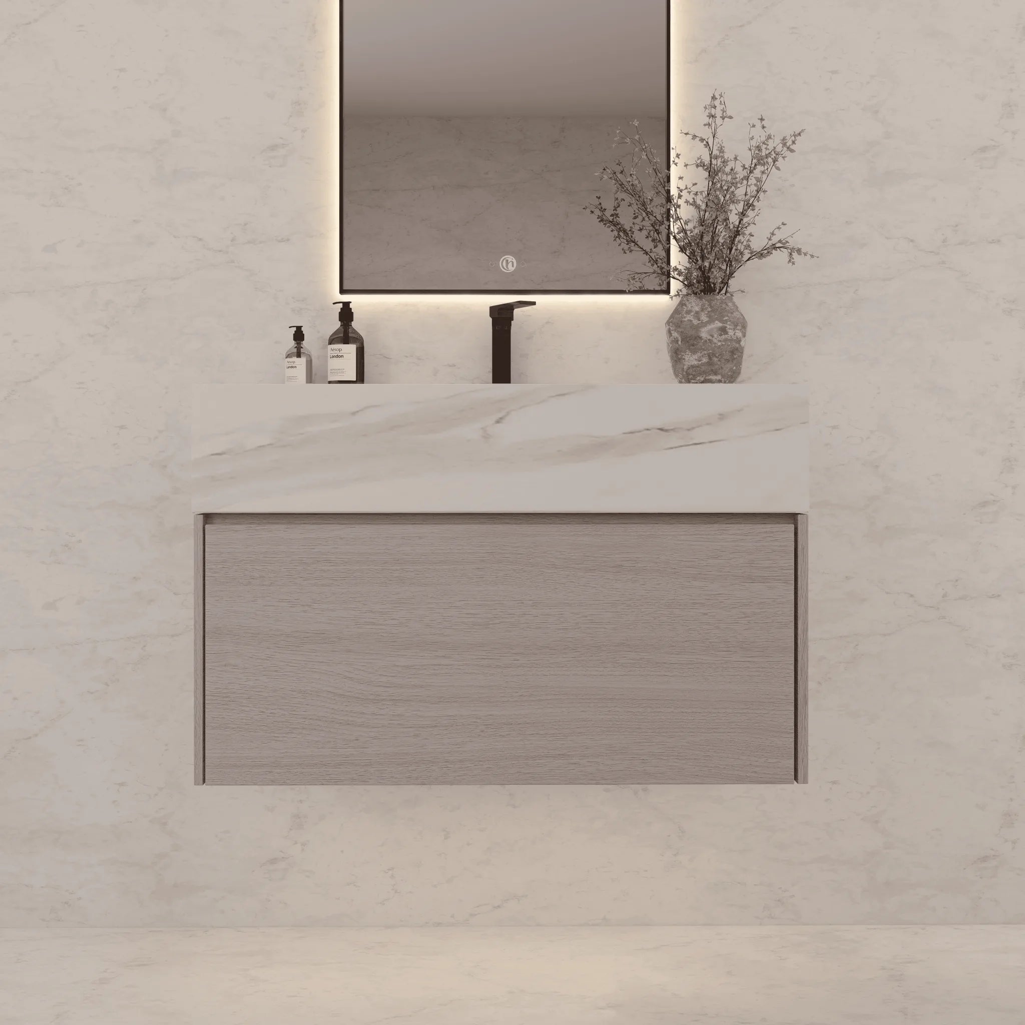 Aventino 32"/36"/40" White Grey Oak Fluted Floating Single-Sink Vanity with Sintered Stone Top