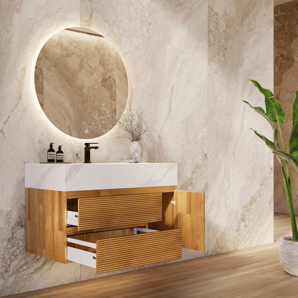 Aventino 32-40-inch white carrara fluted floating single-sink vanity — sintered stone top