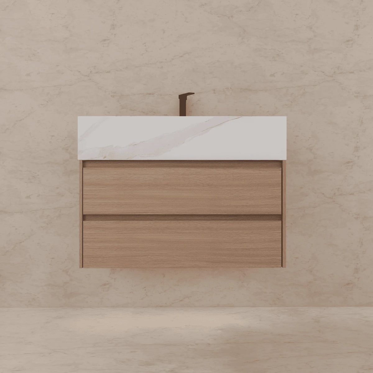 Aventino 32-40-inch white carrara fluted floating single-sink vanity — sintered stone top