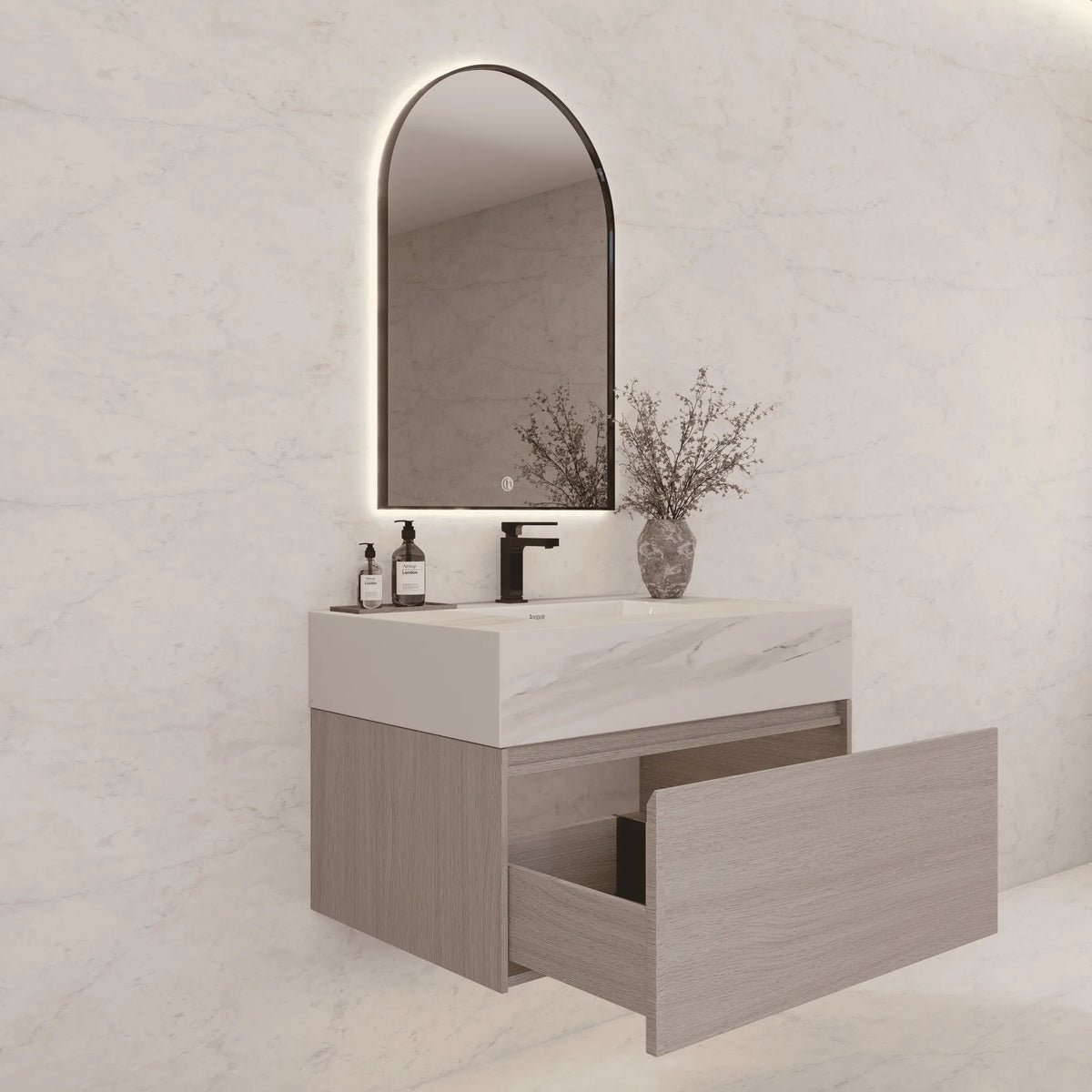 Aventino 32-40-inch white carrara fluted floating single-sink vanity — sintered stone top
