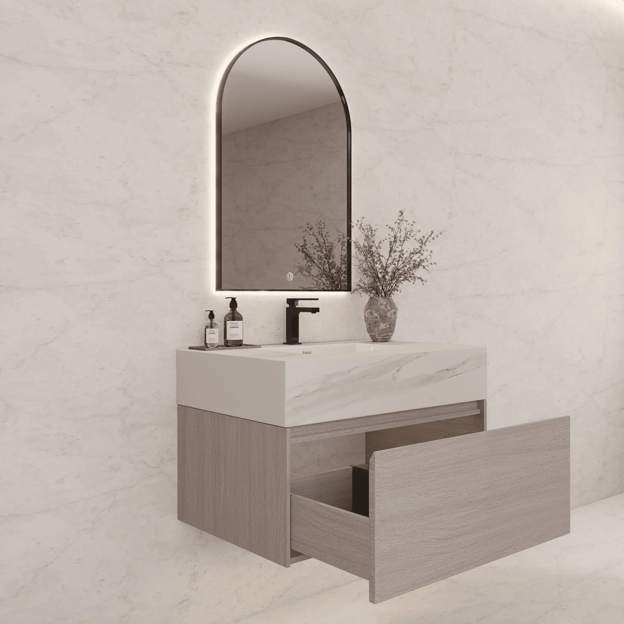 Aventino 32"/36"/40" White Grey Oak Fluted Floating Single-Sink Vanity with Sintered Stone Top