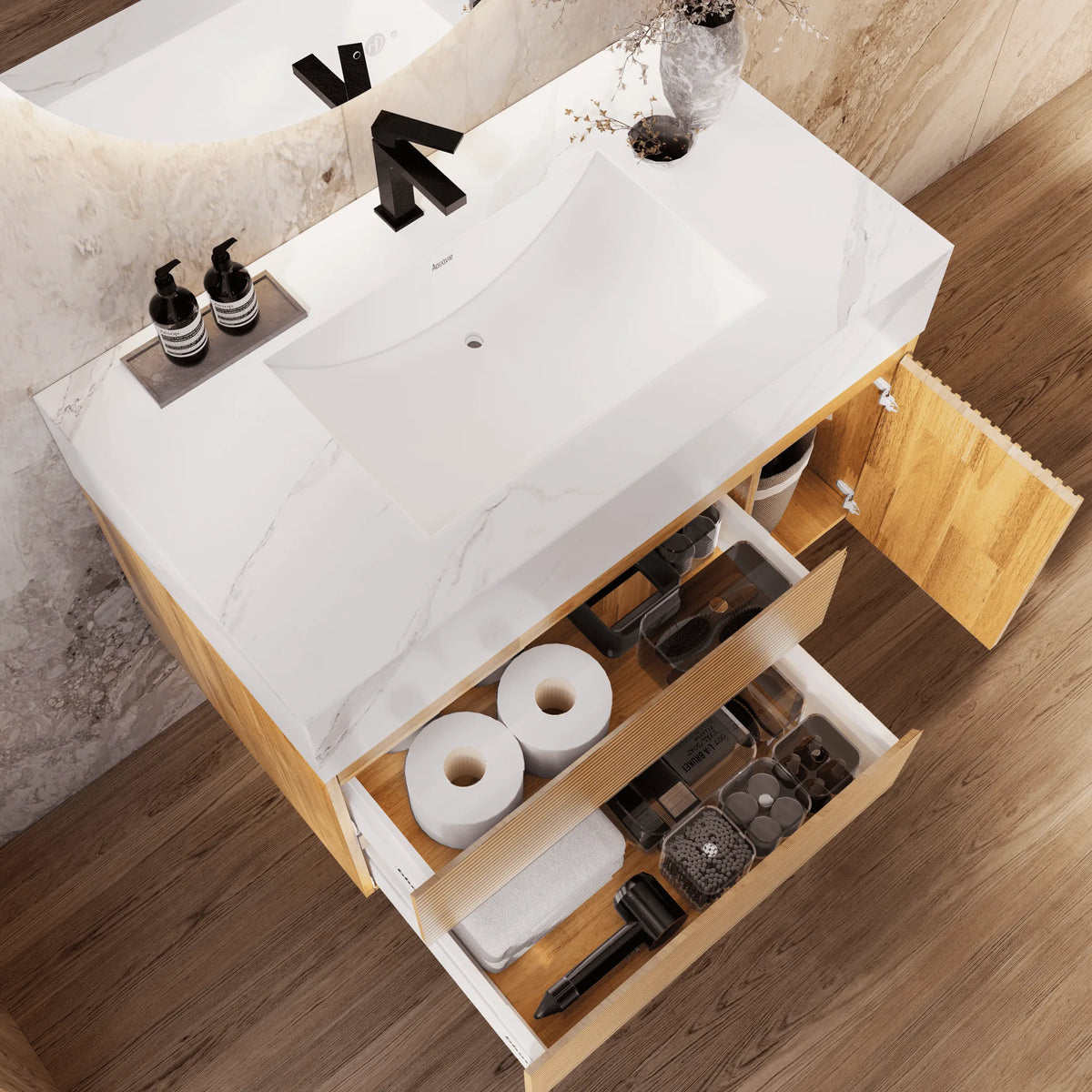 Aventino 32-40-inch white carrara fluted floating single-sink vanity — sintered stone top