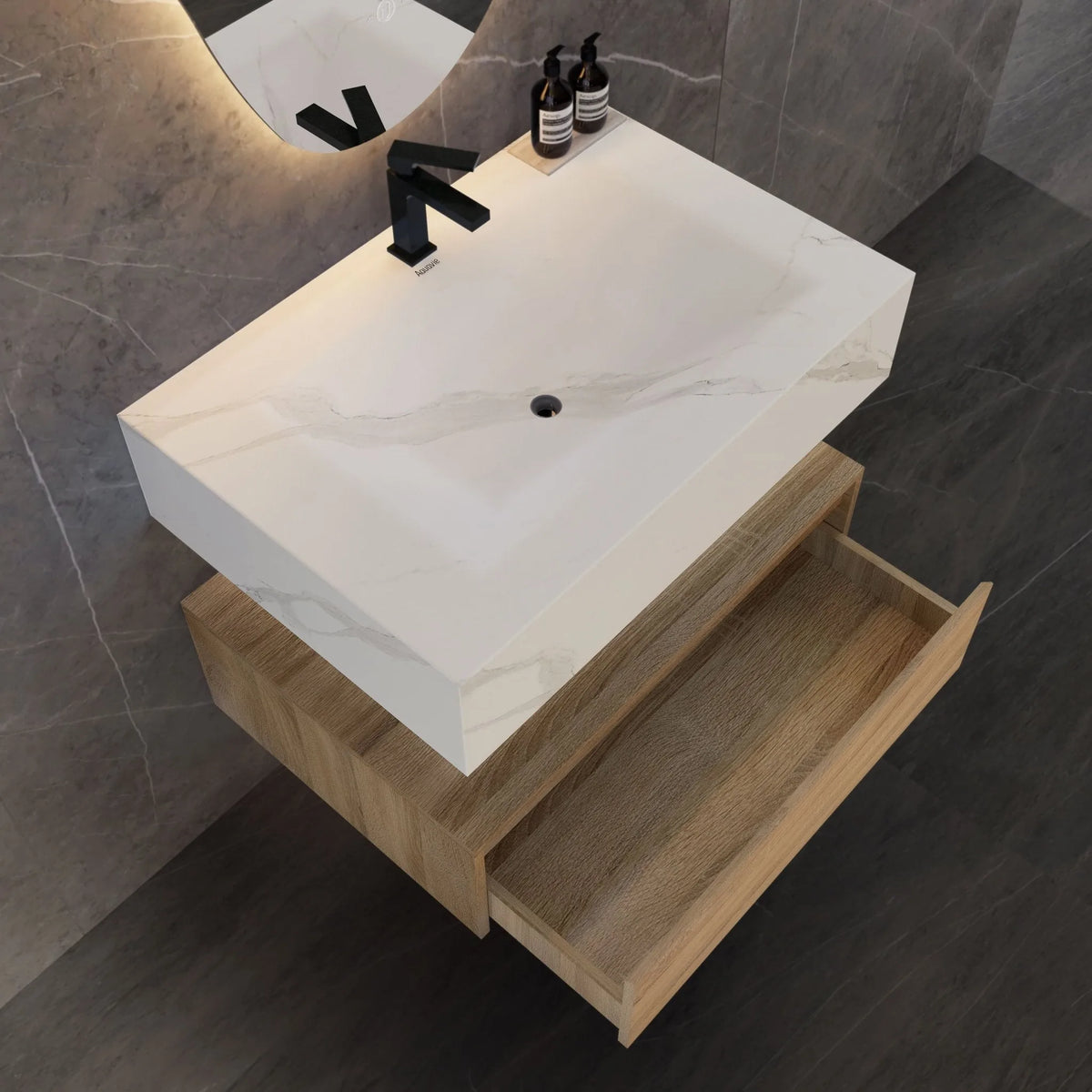 Aventino 32-40-inch white carrara flat-front floating single-sink vanity — sintered stone top