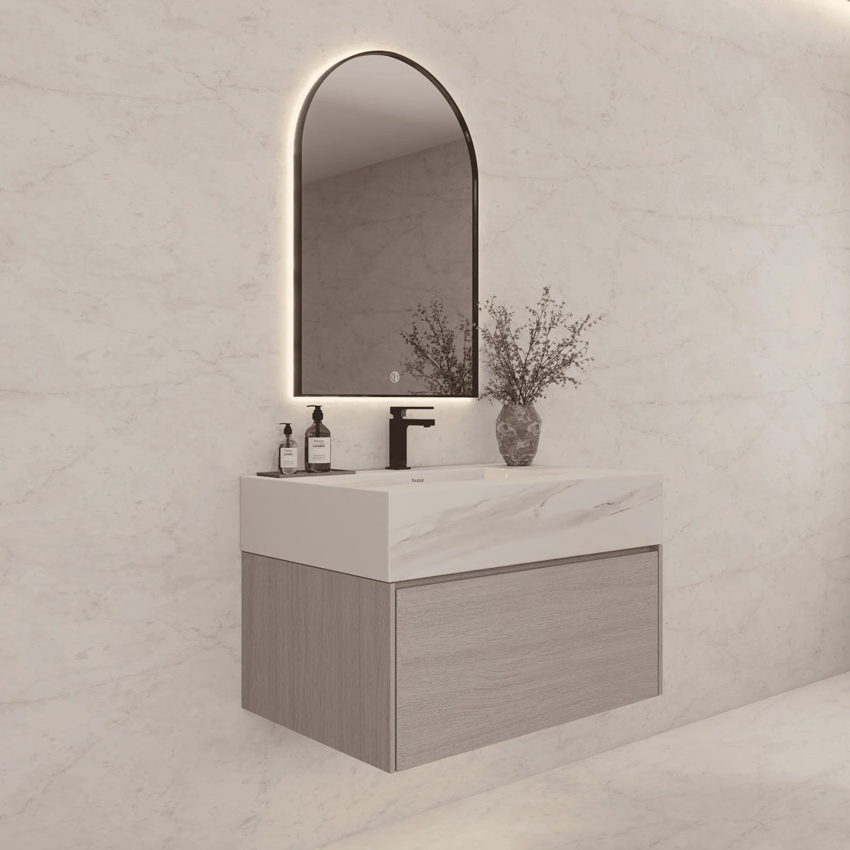 Aventino 32-40-inch white carrara fluted floating single-sink vanity — sintered stone top
