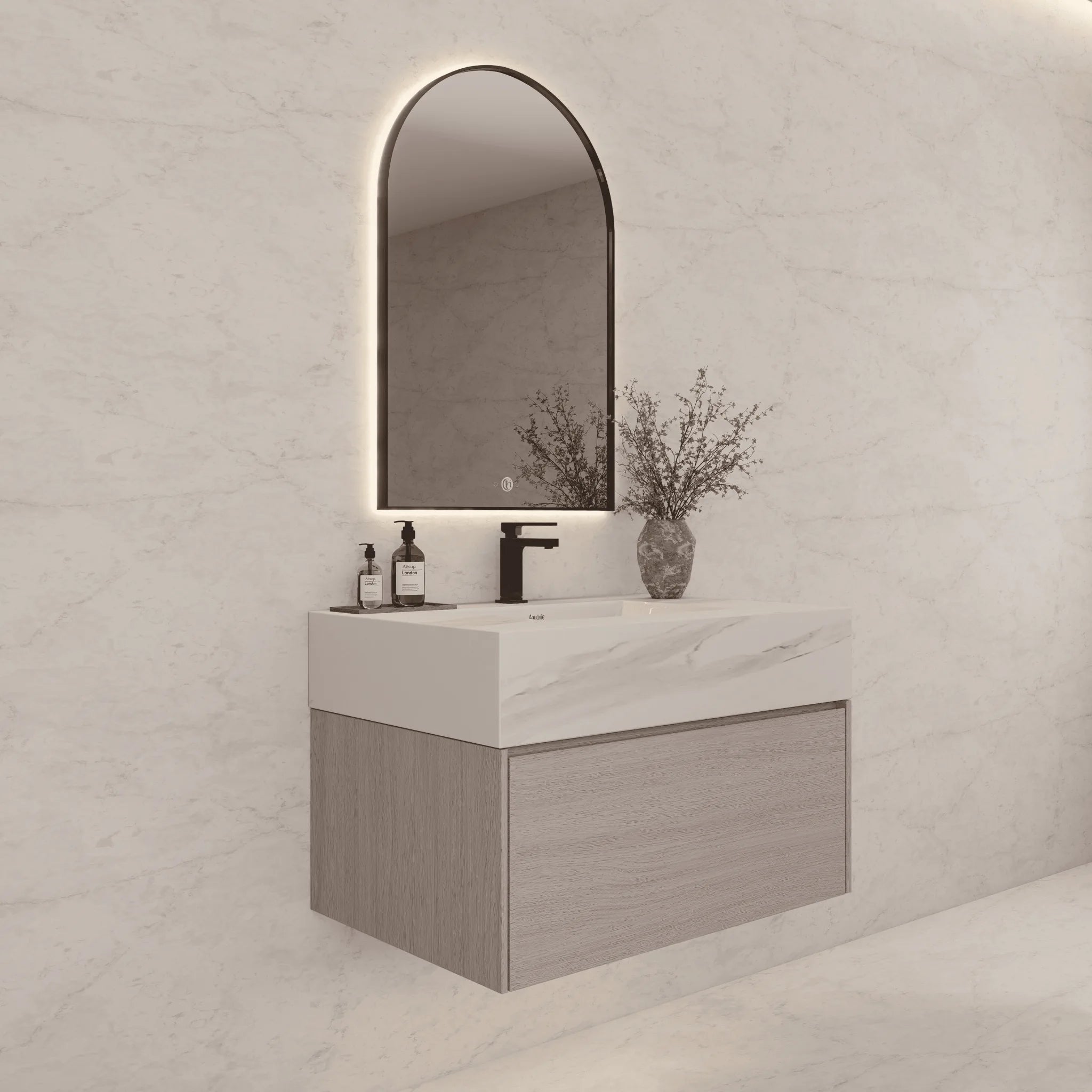 Aventino 32"/36"/40" White Grey Oak Fluted Floating Single-Sink Vanity with Sintered Stone Top