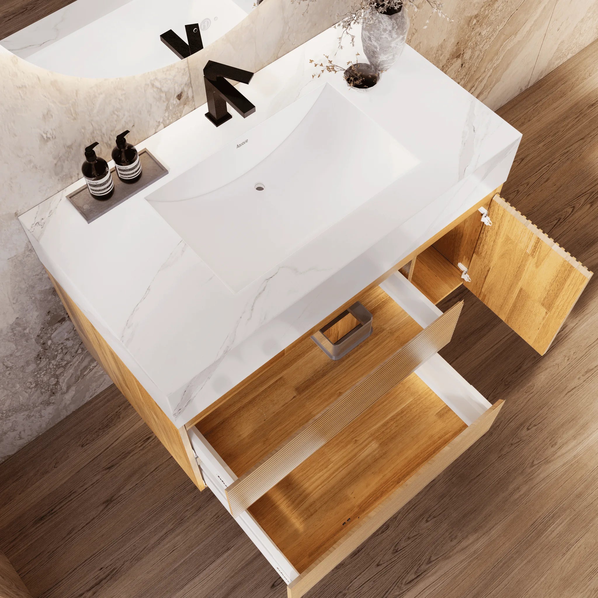Aventino 32"/40" Oak Fluted Floating Single-Sink Vanity with Sintered Stone Top