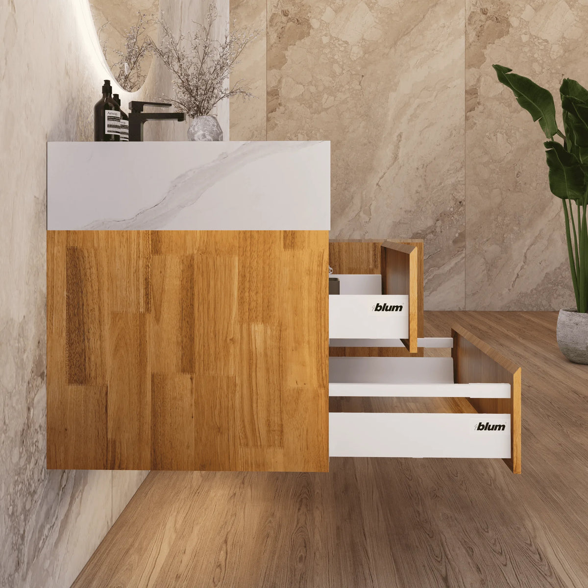 Aventino 32-40-inch white carrara fluted floating single-sink vanity — sintered stone top