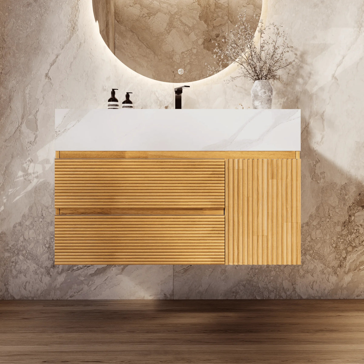 Aventino 32-40-inch white carrara fluted floating single-sink vanity — sintered stone top