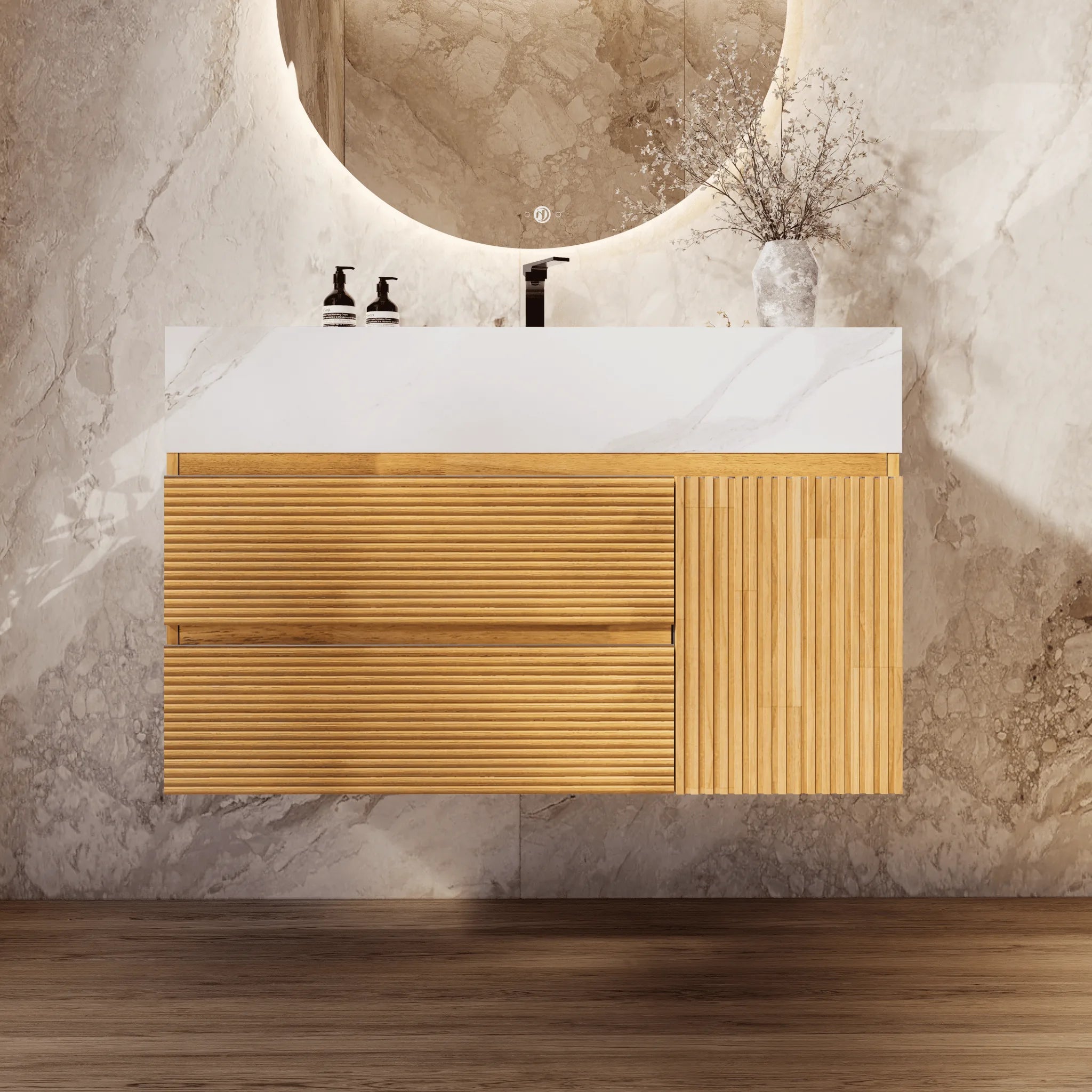 Aventino 32"/40" Oak Fluted Floating Single-Sink Vanity with Sintered Stone Top