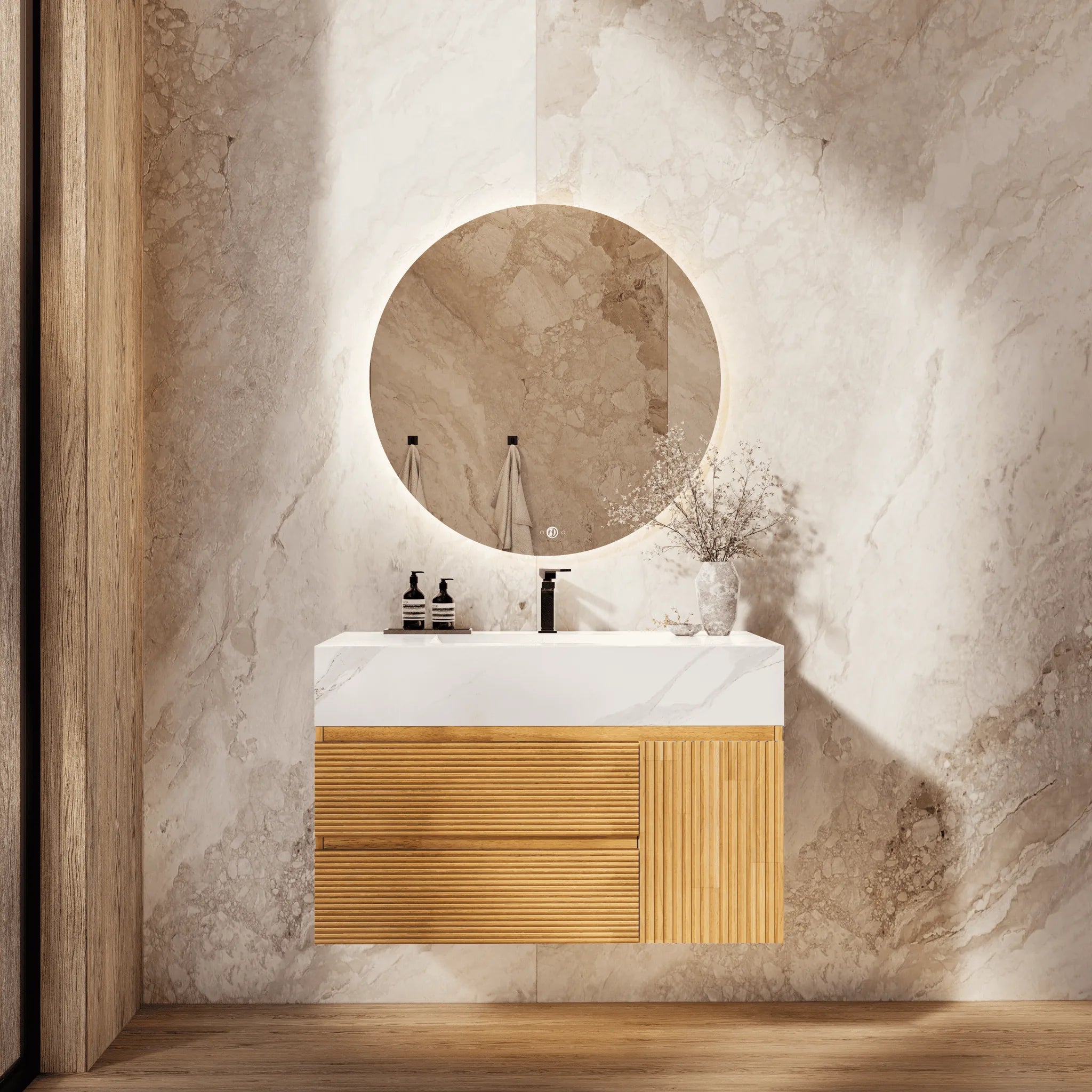 Aventino 32"/40" Oak Fluted Floating Single-Sink Vanity with Sintered Stone Top