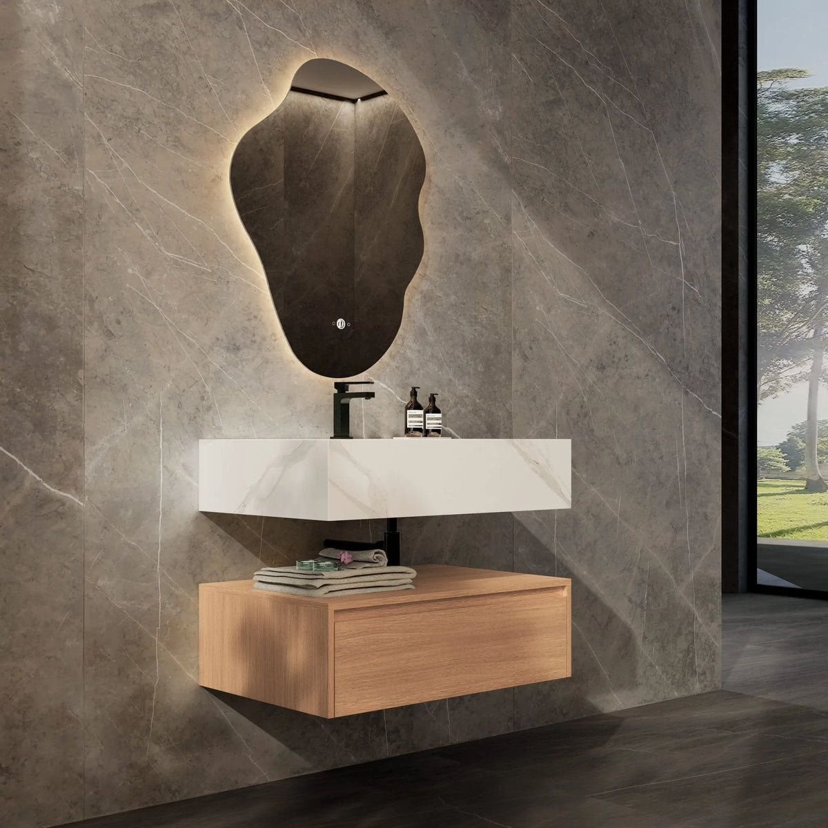 Aventino 32-40-inch white carrara flat-front floating single-sink vanity — sintered stone top