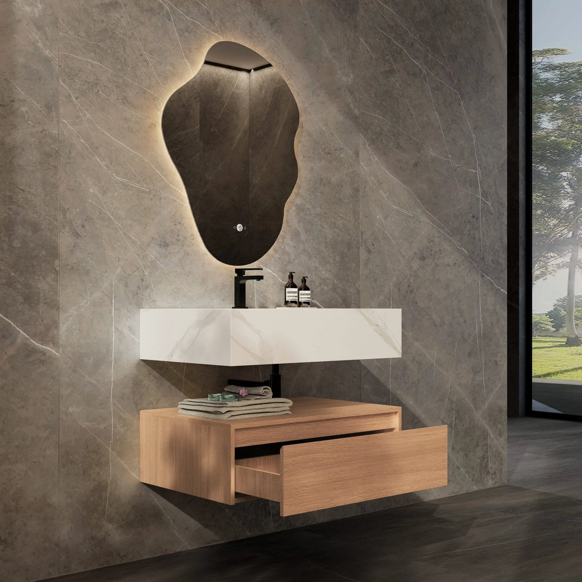 Aventino 32-40-inch white carrara flat-front floating single-sink vanity — sintered stone top