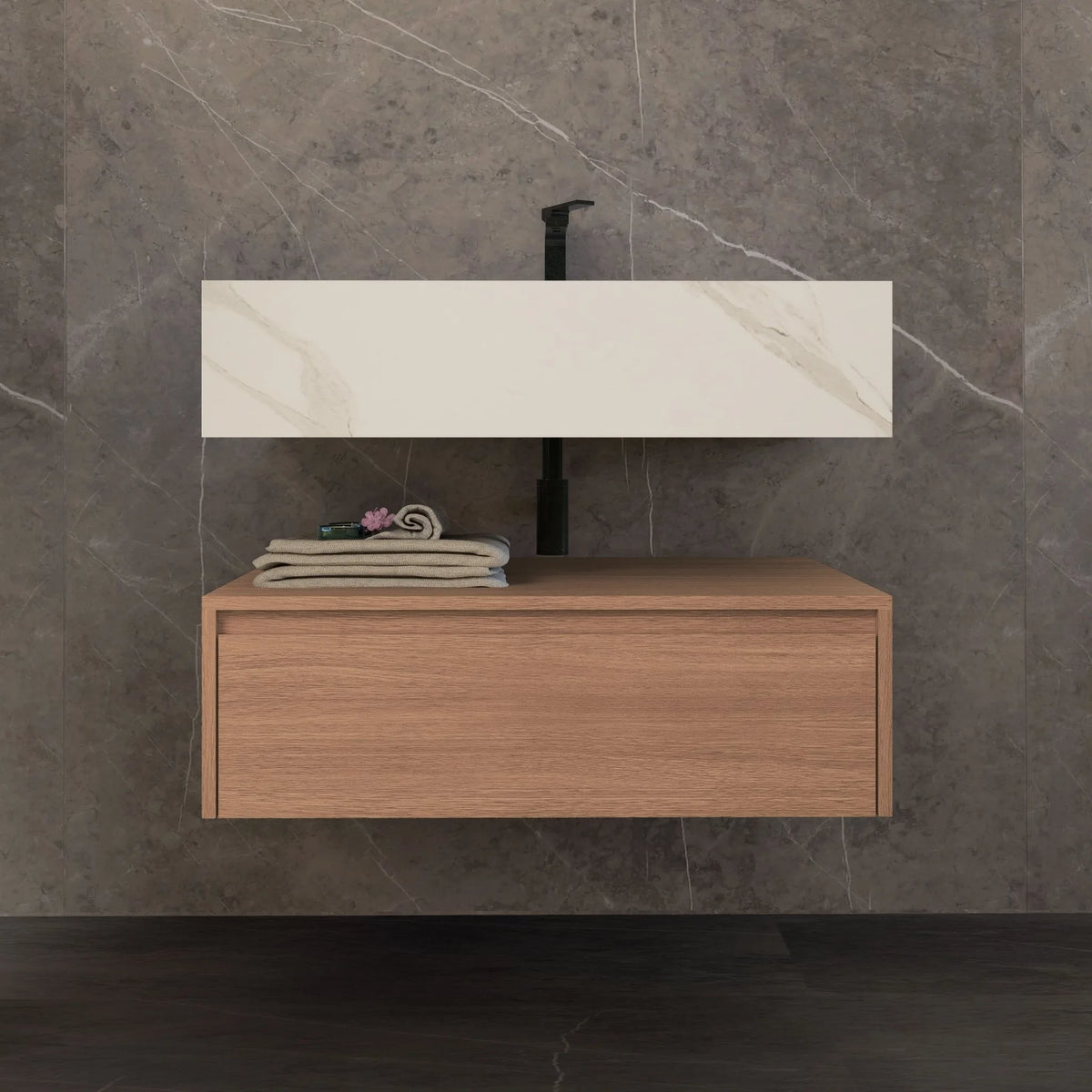 Aventino 32-40-inch white carrara flat-front floating single-sink vanity — sintered stone top