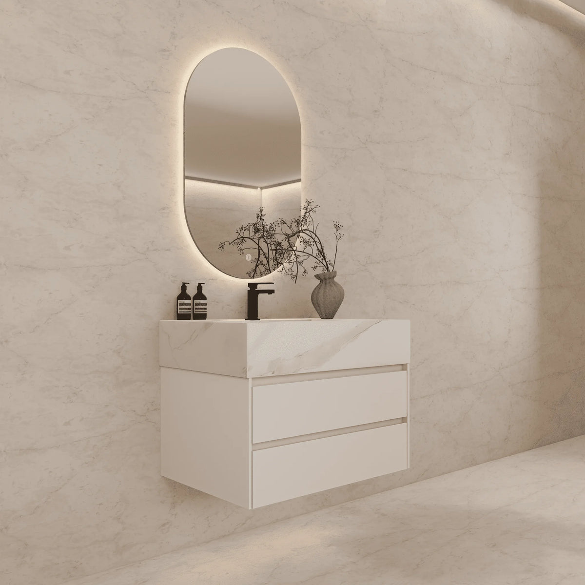 Aventino 32-40-inch white carrara fluted floating single-sink vanity — sintered stone top
