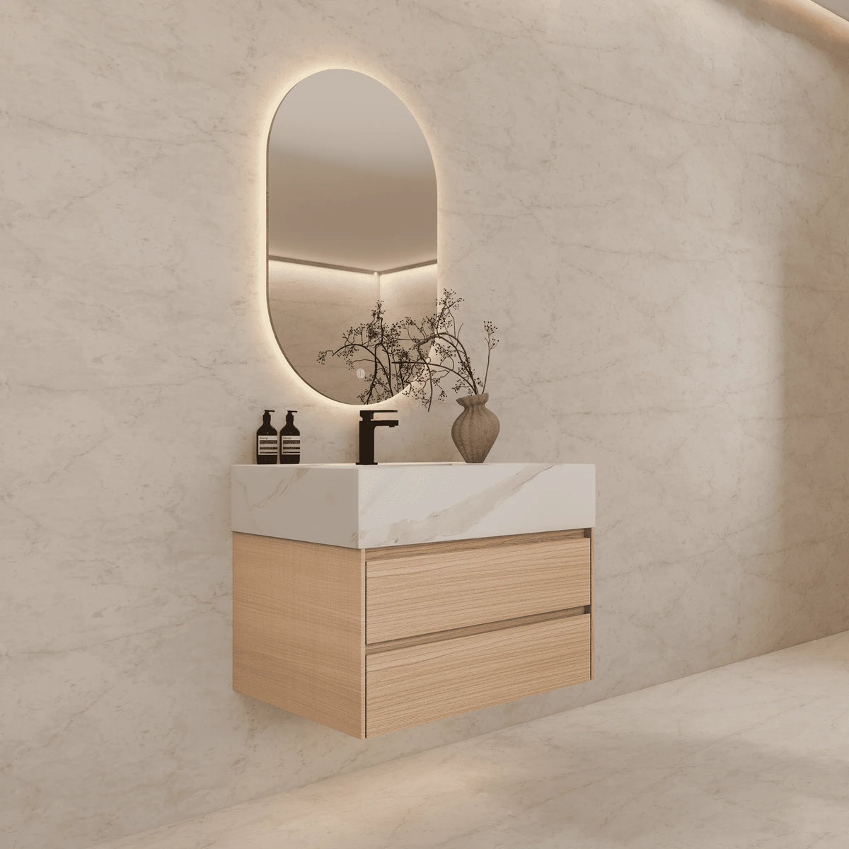 Aventino 32-40-inch white carrara fluted floating single-sink vanity — sintered stone top