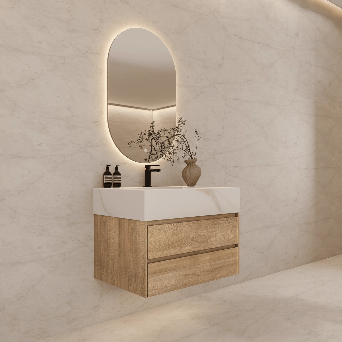 Aventino 32-40-inch white carrara fluted floating single-sink vanity — sintered stone top