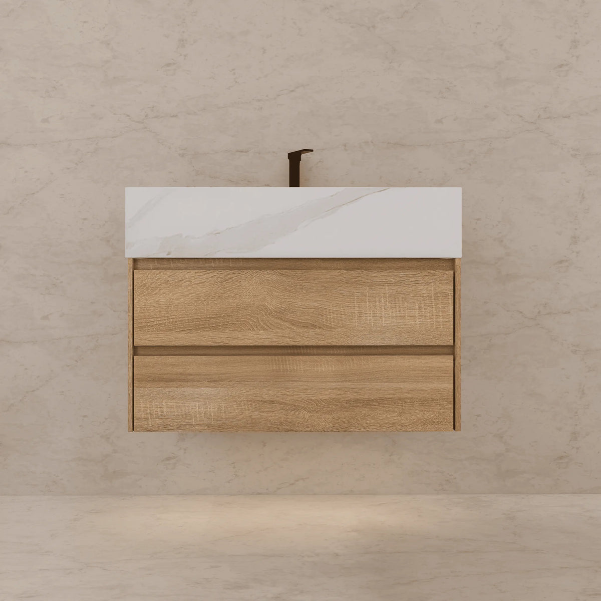 Aventino 32-40-inch white carrara fluted floating single-sink vanity — sintered stone top