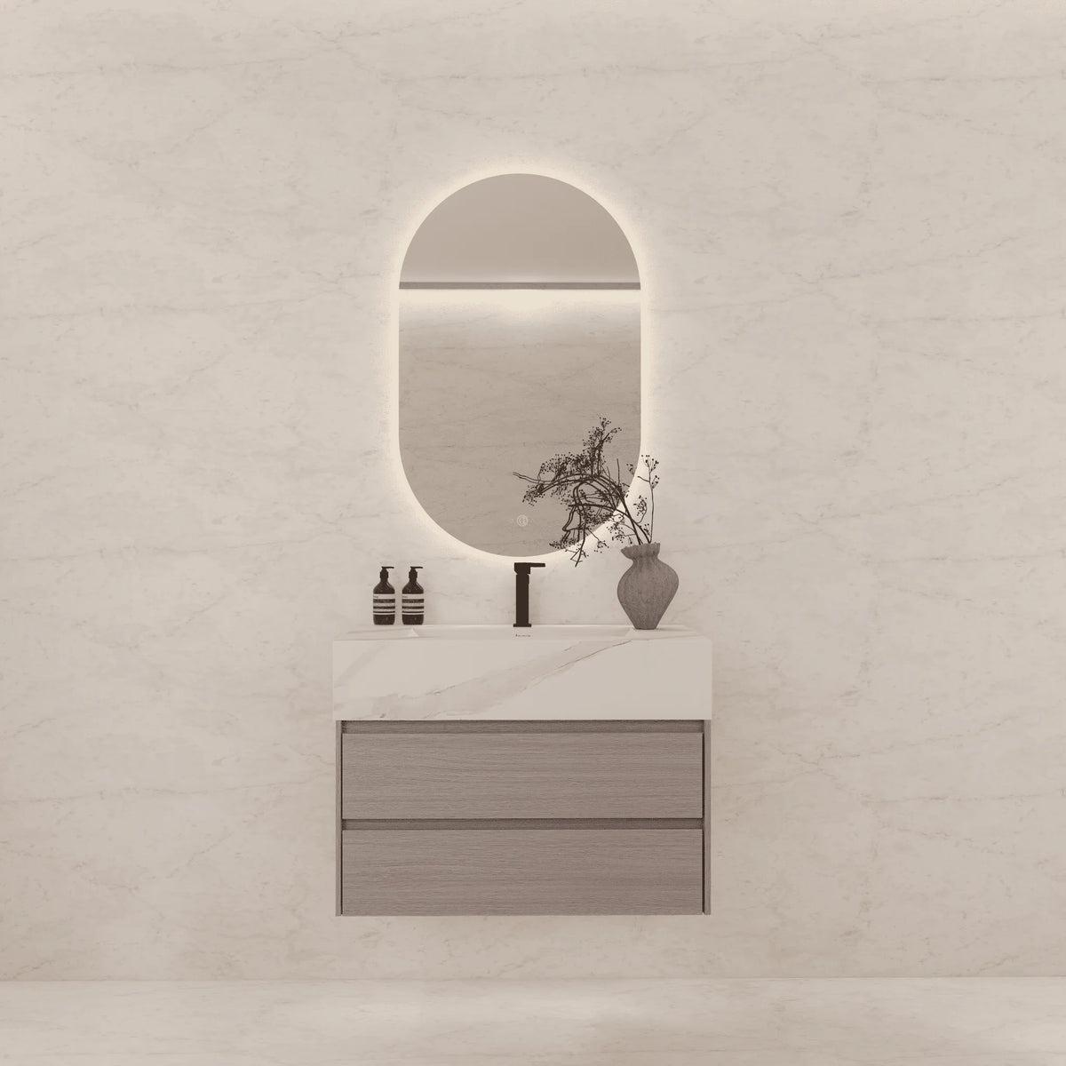 Aventino 32-40-inch white carrara fluted floating single-sink vanity — sintered stone top