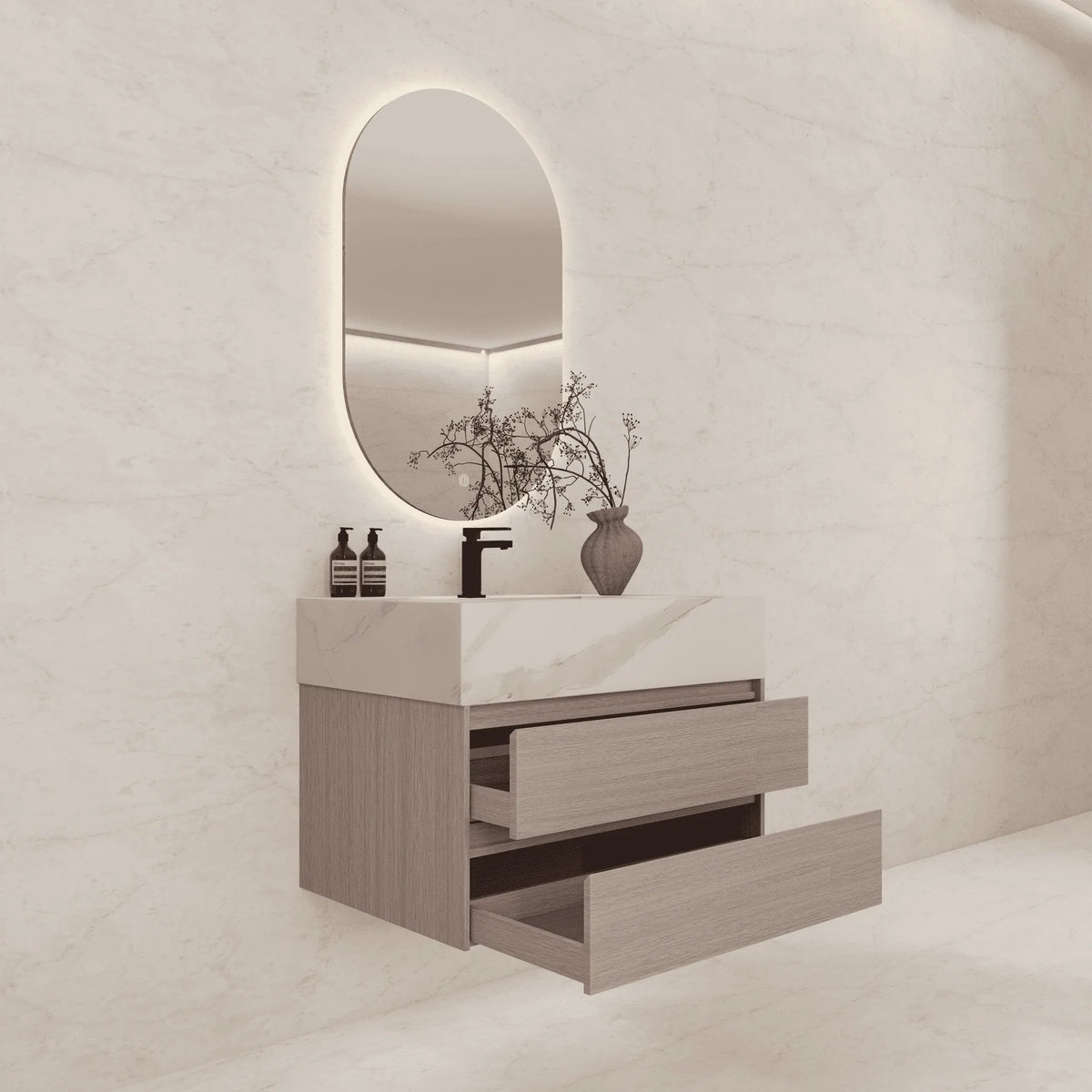 Aventino 32-40-inch white carrara fluted floating single-sink vanity — sintered stone top