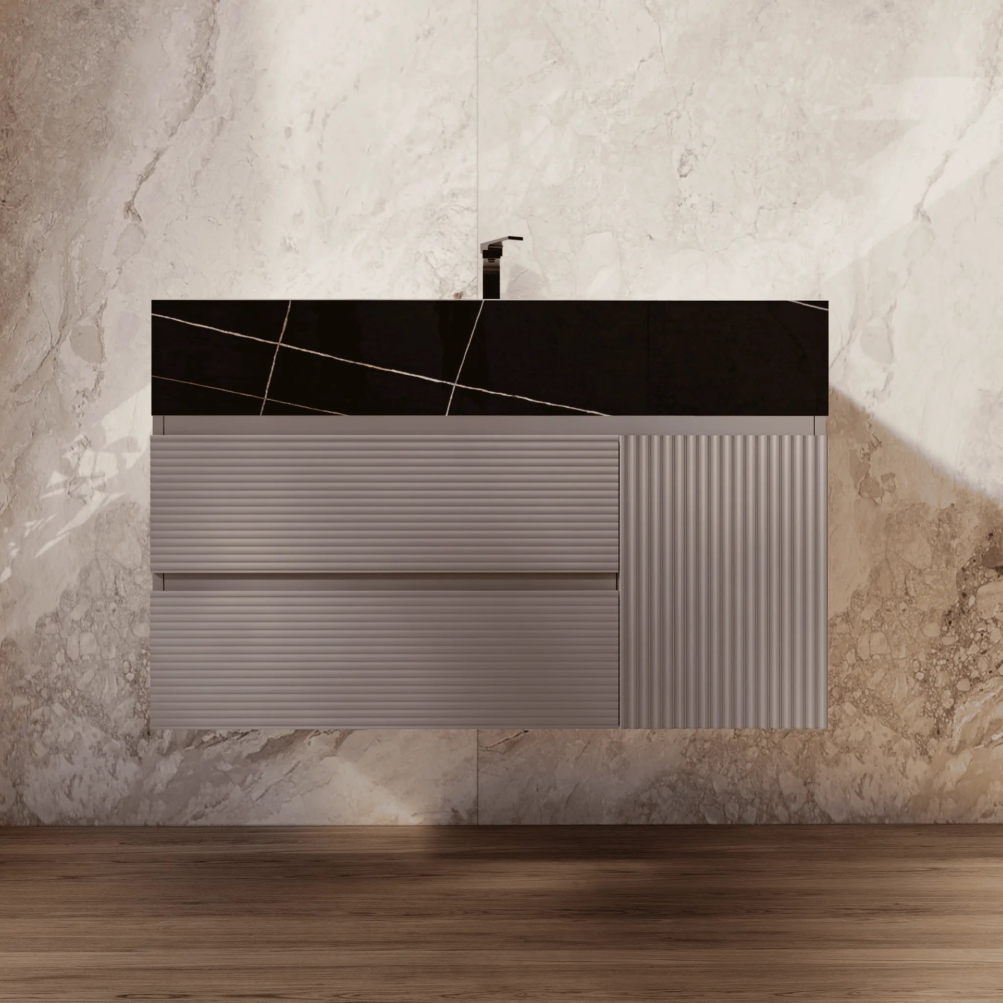 Aventino 32"/40"/48" Light Grey Fluted Floating Single-Sink Vanity with Sintered Stone Top