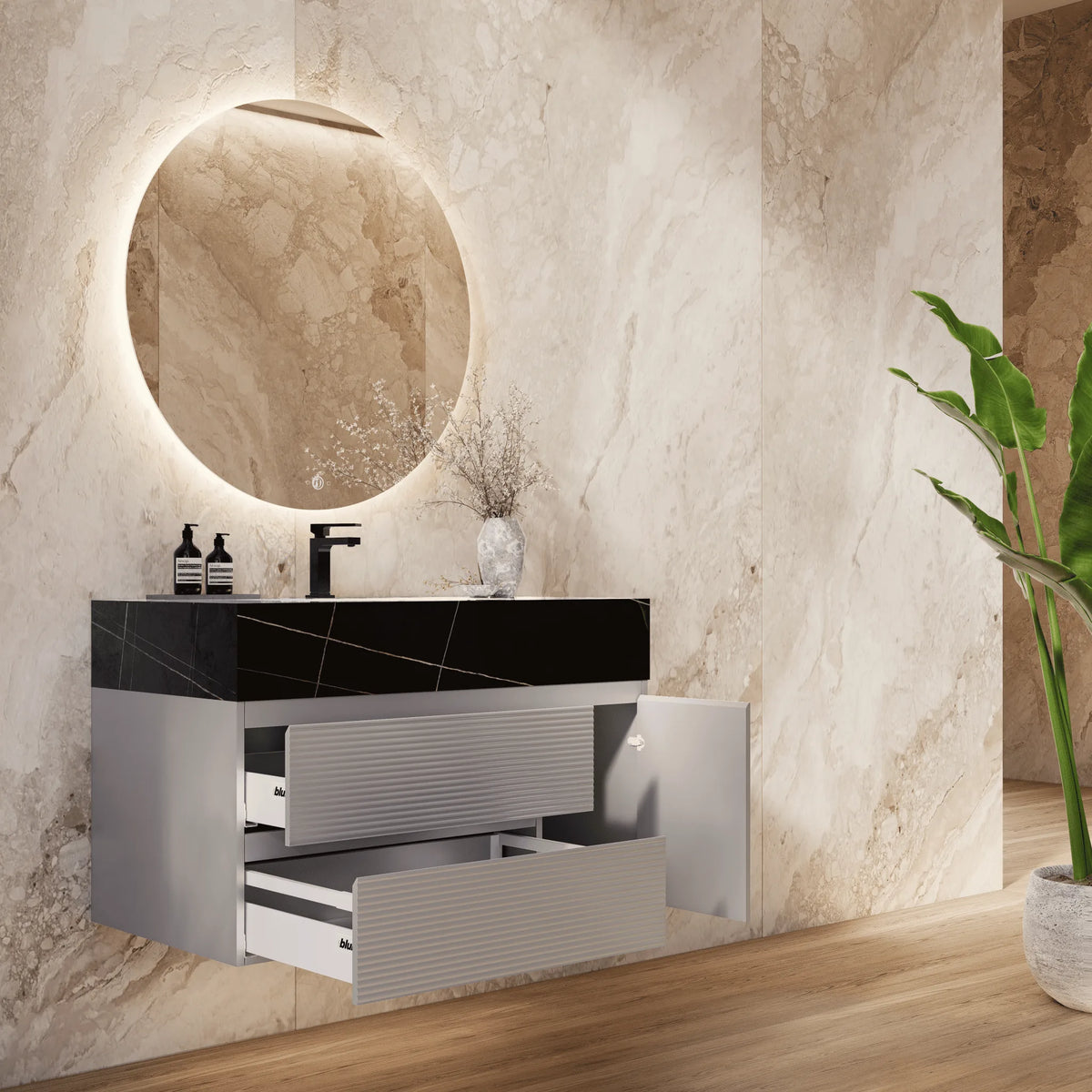 Aventino 32-48-inch black marquina gold veins fluted floating single-sink vanity — sintered stone top