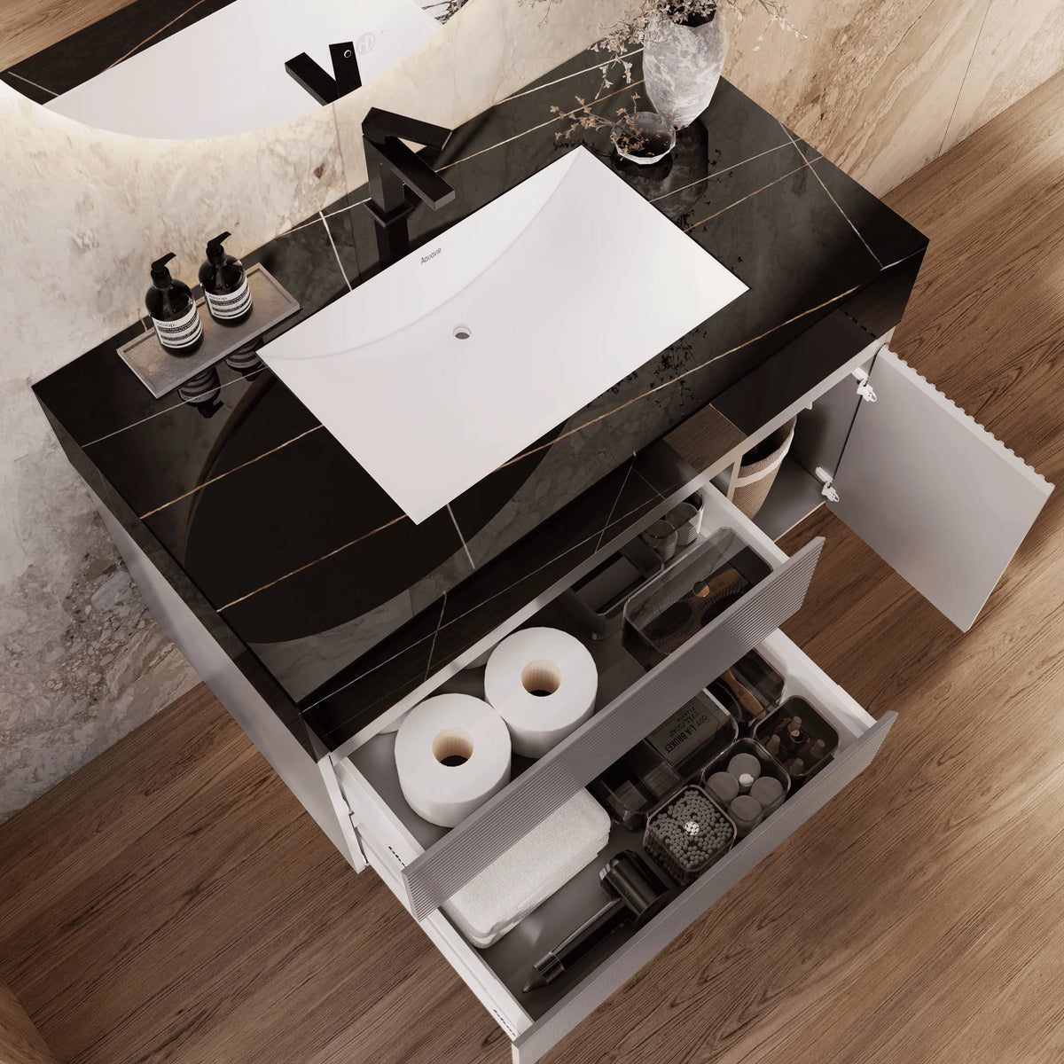 Aventino 32-48-inch black marquina gold veins fluted floating single-sink vanity — sintered stone top