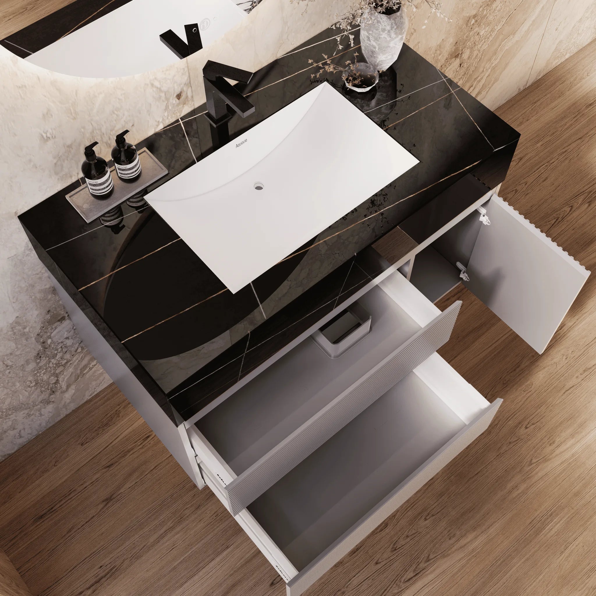 Aventino 32"/40"/48" Light Grey Fluted Floating Single-Sink Vanity with Sintered Stone Top