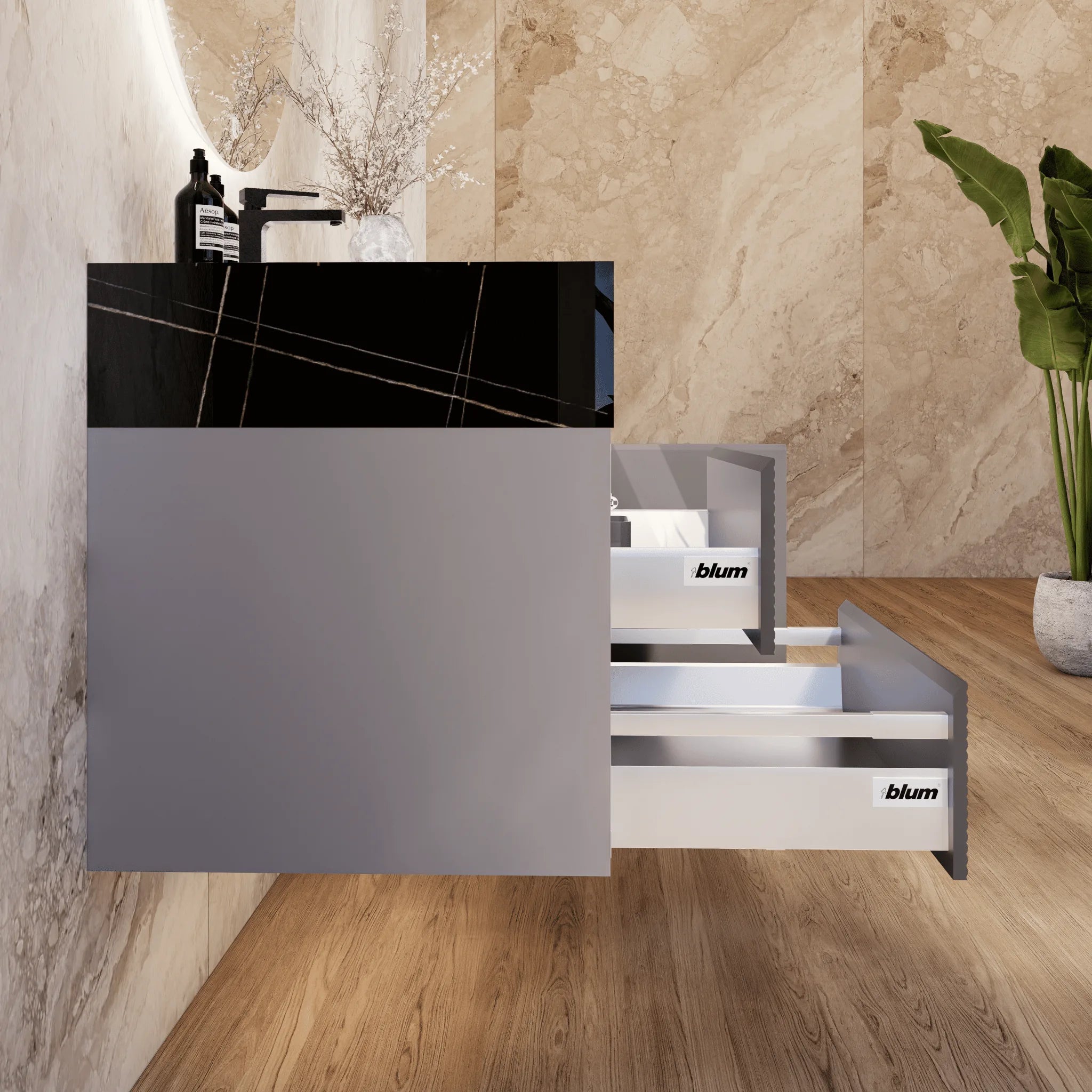 Aventino 32"/40"/48" Light Grey Fluted Floating Single-Sink Vanity with Sintered Stone Top