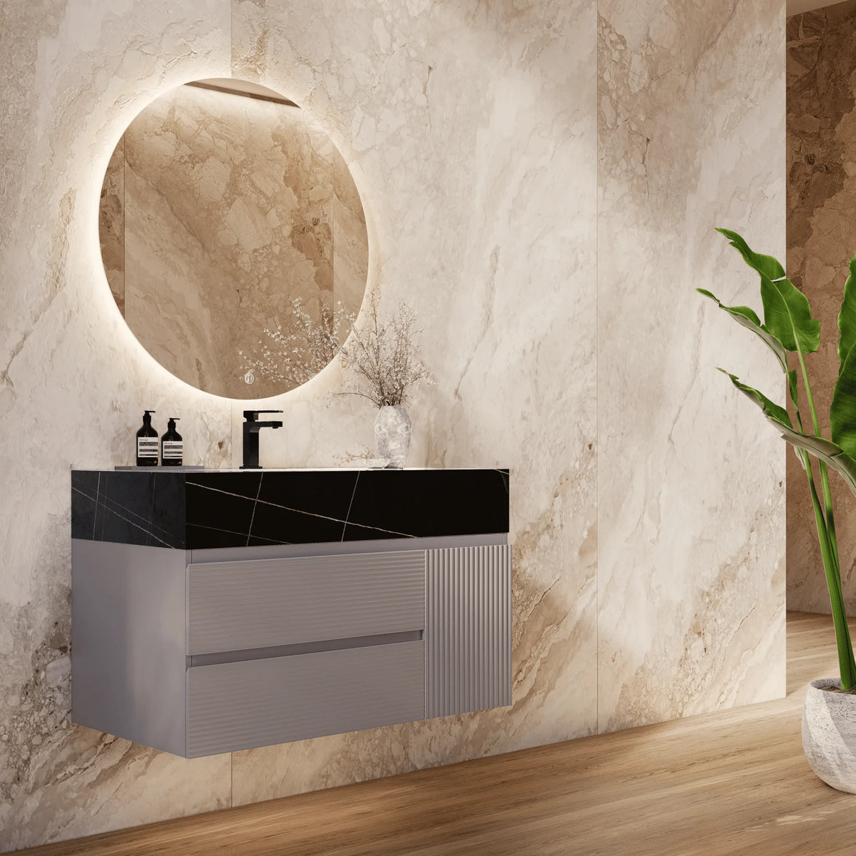 Aventino 32-48-inch black marquina gold veins fluted floating single-sink vanity — sintered stone top