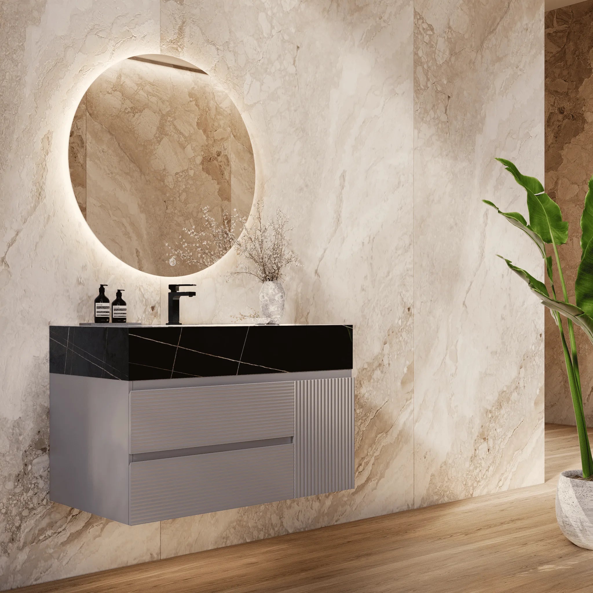 Aventino 32"/40"/48" Light Grey Fluted Floating Single-Sink Vanity with Sintered Stone Top