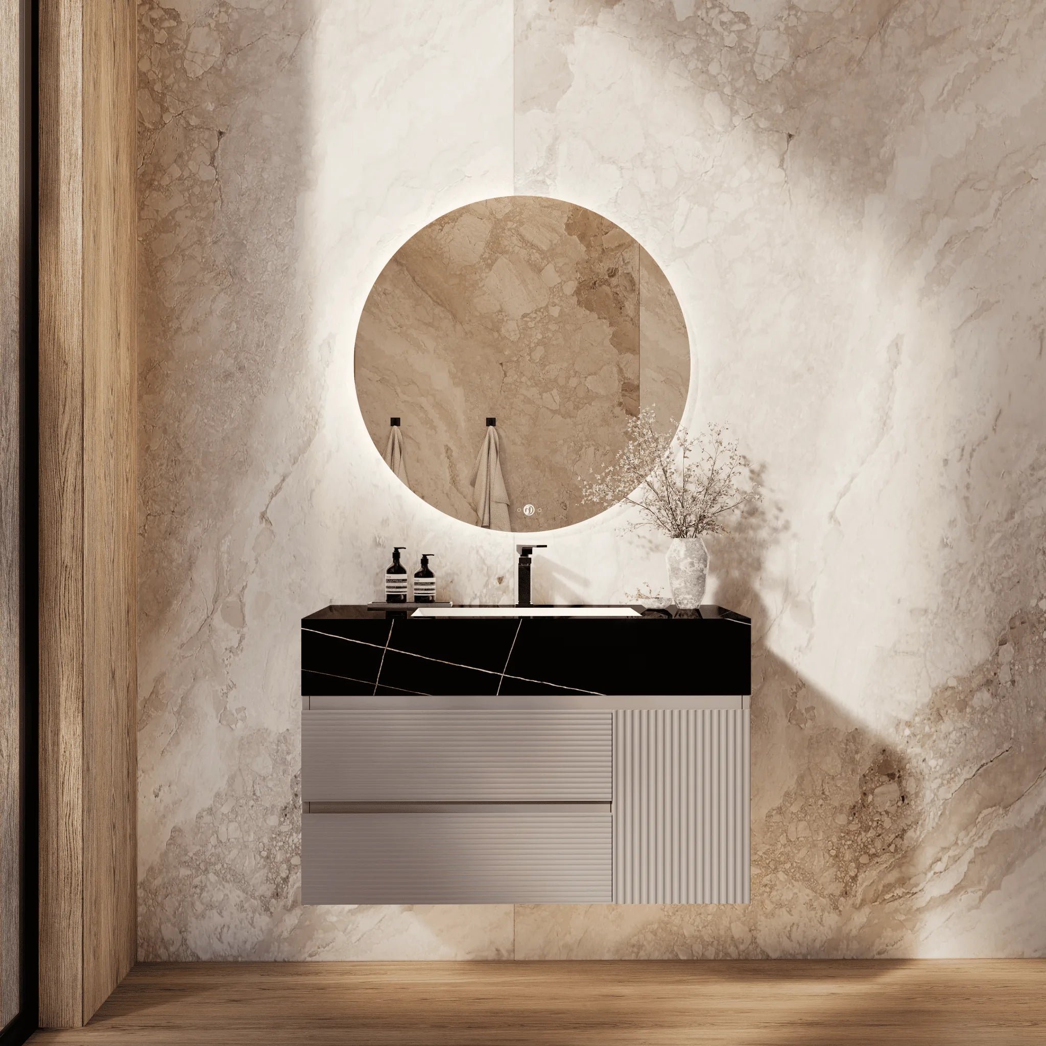 Aventino 32"/40"/48" Light Grey Fluted Floating Single-Sink Vanity with Sintered Stone Top