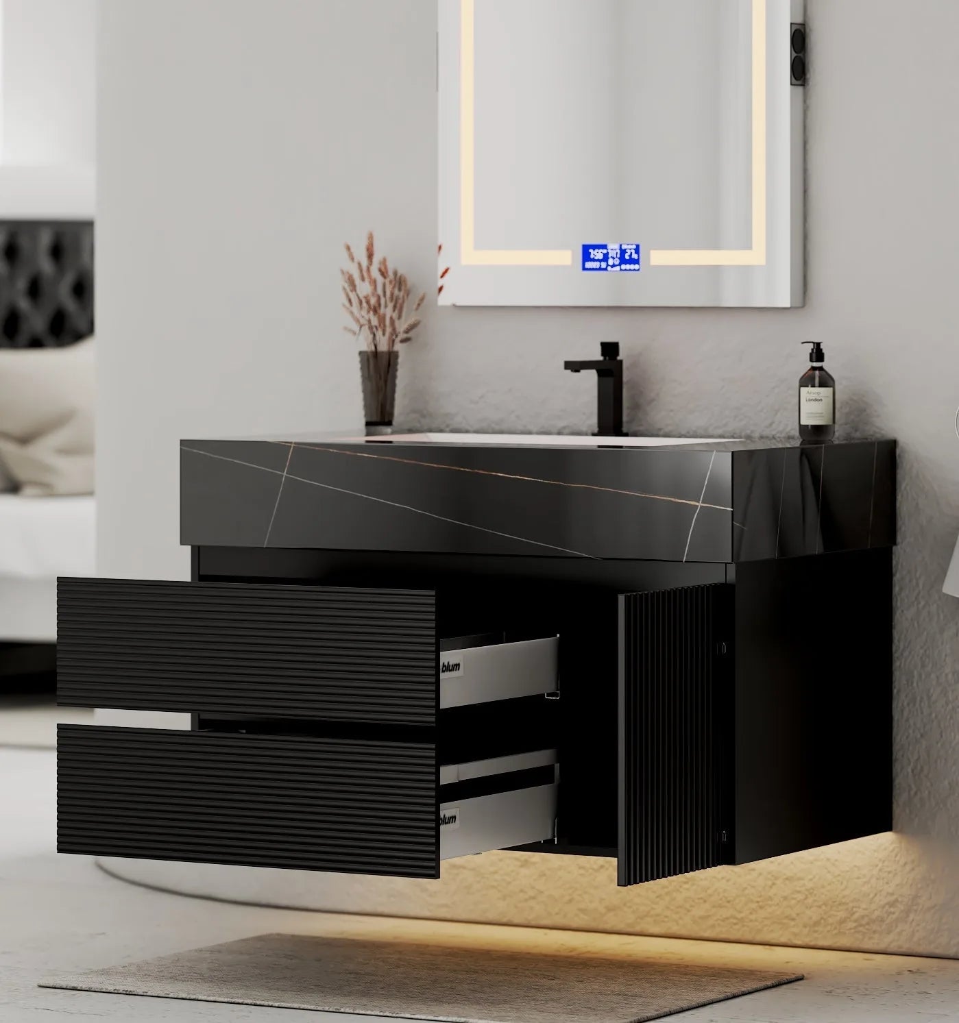 Aventino 32-48" Black Fluted Floating Single-Sink Vanity with Sintered Stone Top