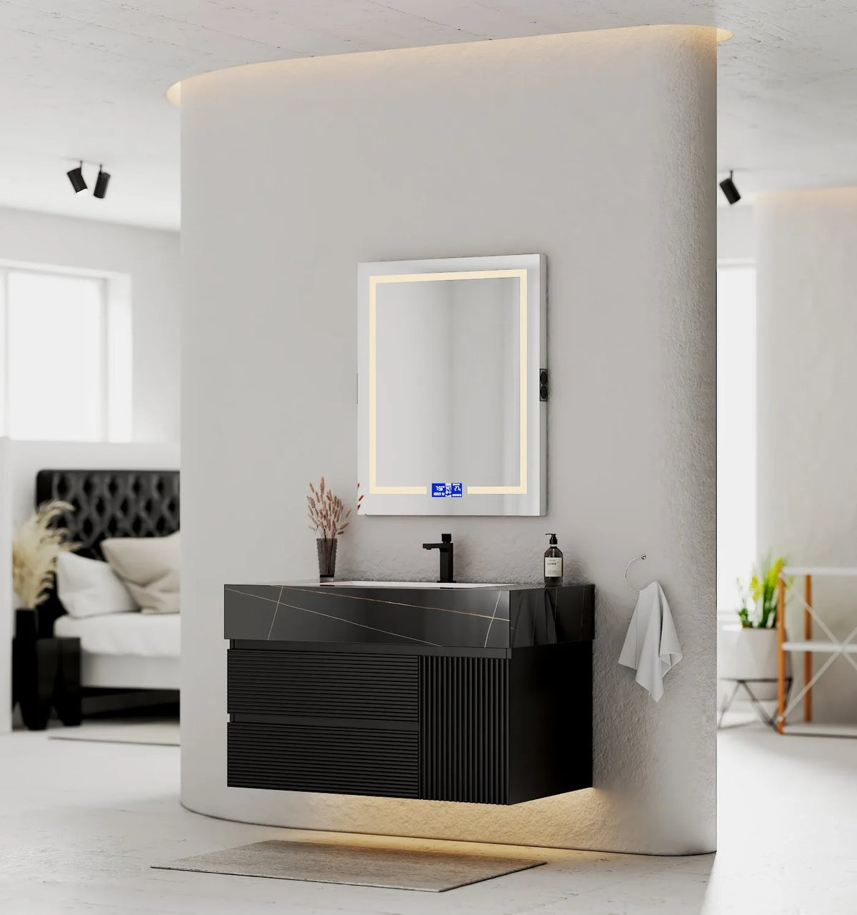 Aventino 32-48" Black Marquina Gold Veins single-sink fluted floating vanity — sintered stone top