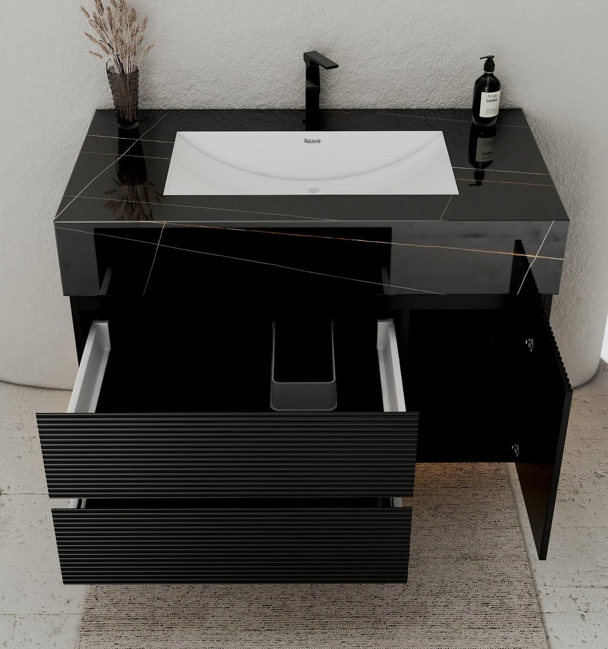 Aventino 32-48" Black Marquina Gold Veins single-sink fluted floating vanity — sintered stone top