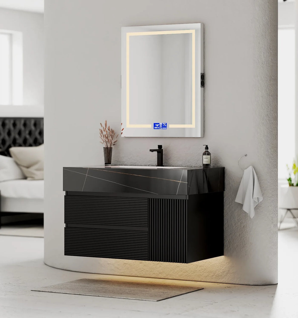 Aventino 32-48" Black Marquina Gold Veins single-sink fluted floating vanity — sintered stone top