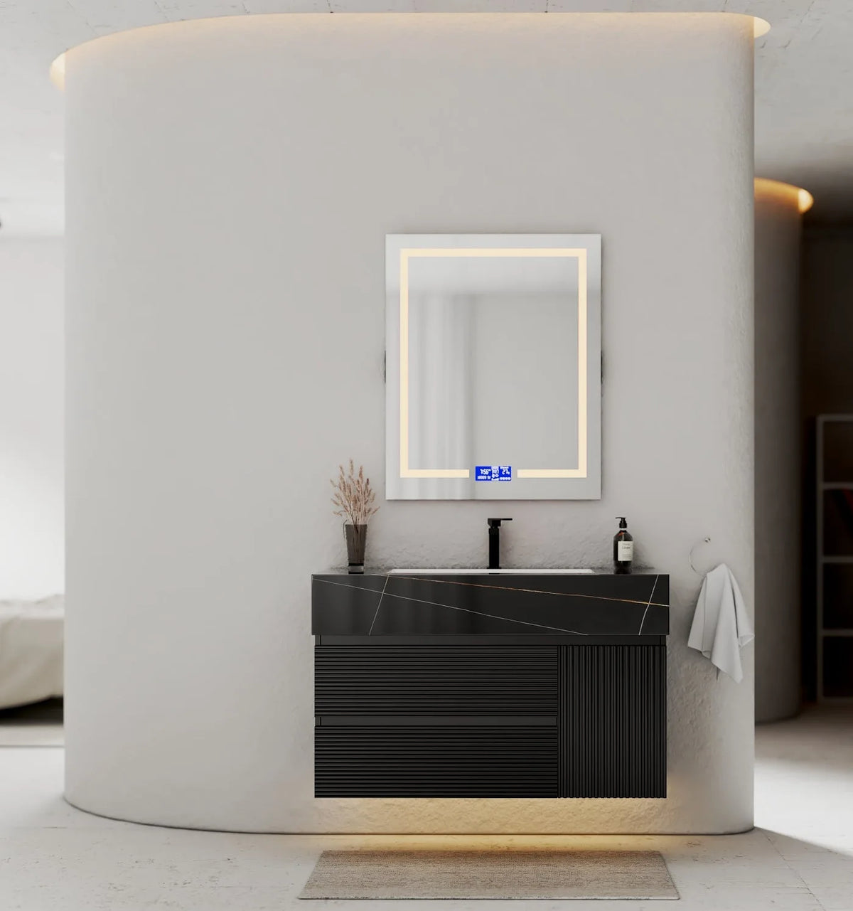 Aventino 32-48" Black Marquina Gold Veins single-sink fluted floating vanity — sintered stone top