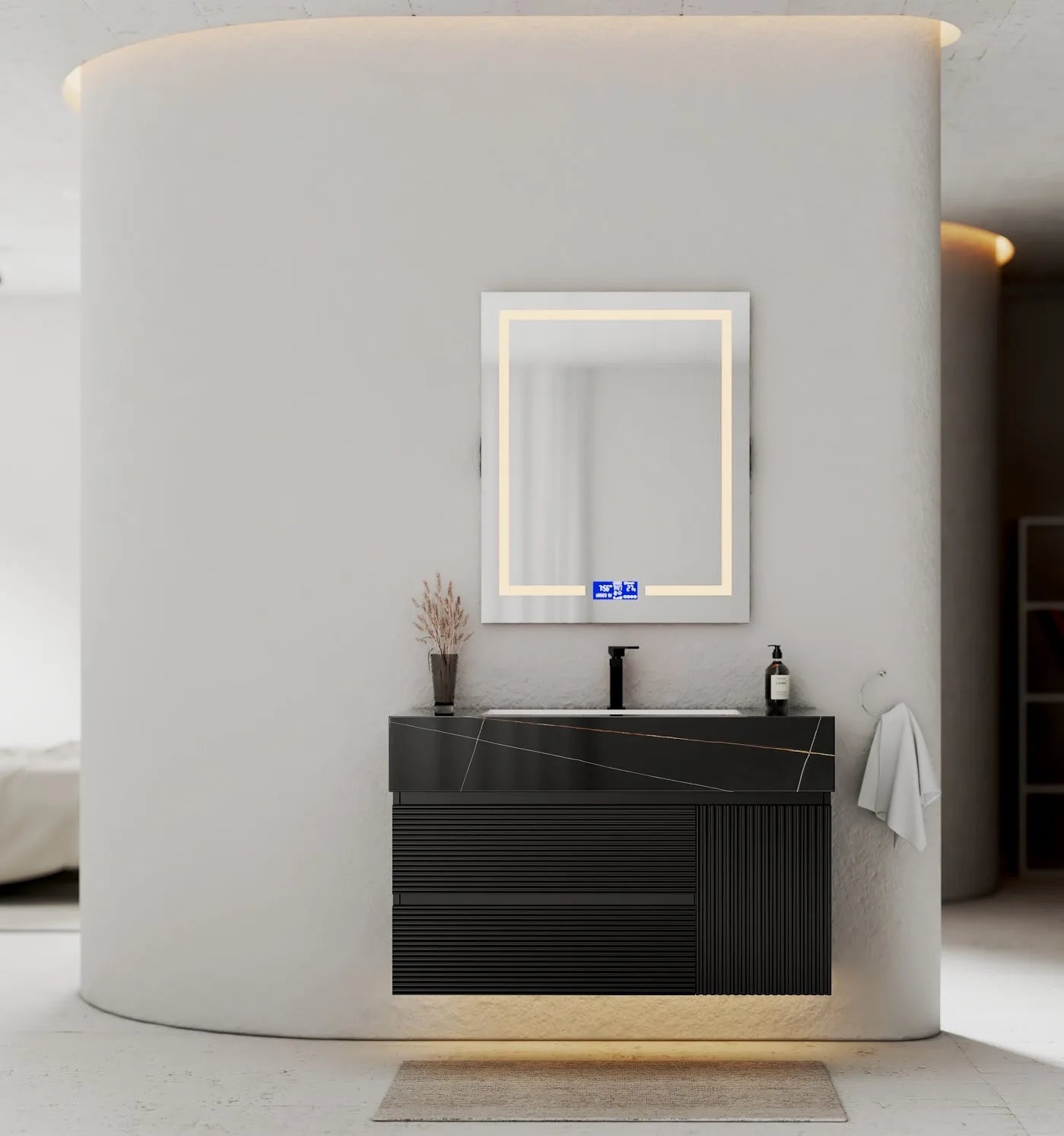 Aventino 32-48" Black Fluted Floating Single-Sink Vanity with Sintered Stone Top