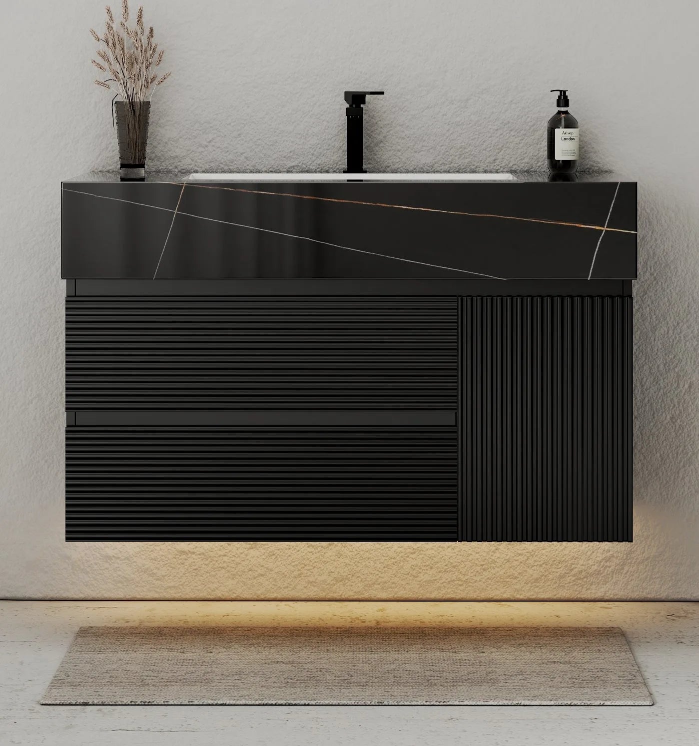 Aventino 32-48" Black Fluted Floating Single-Sink Vanity with Sintered Stone Top