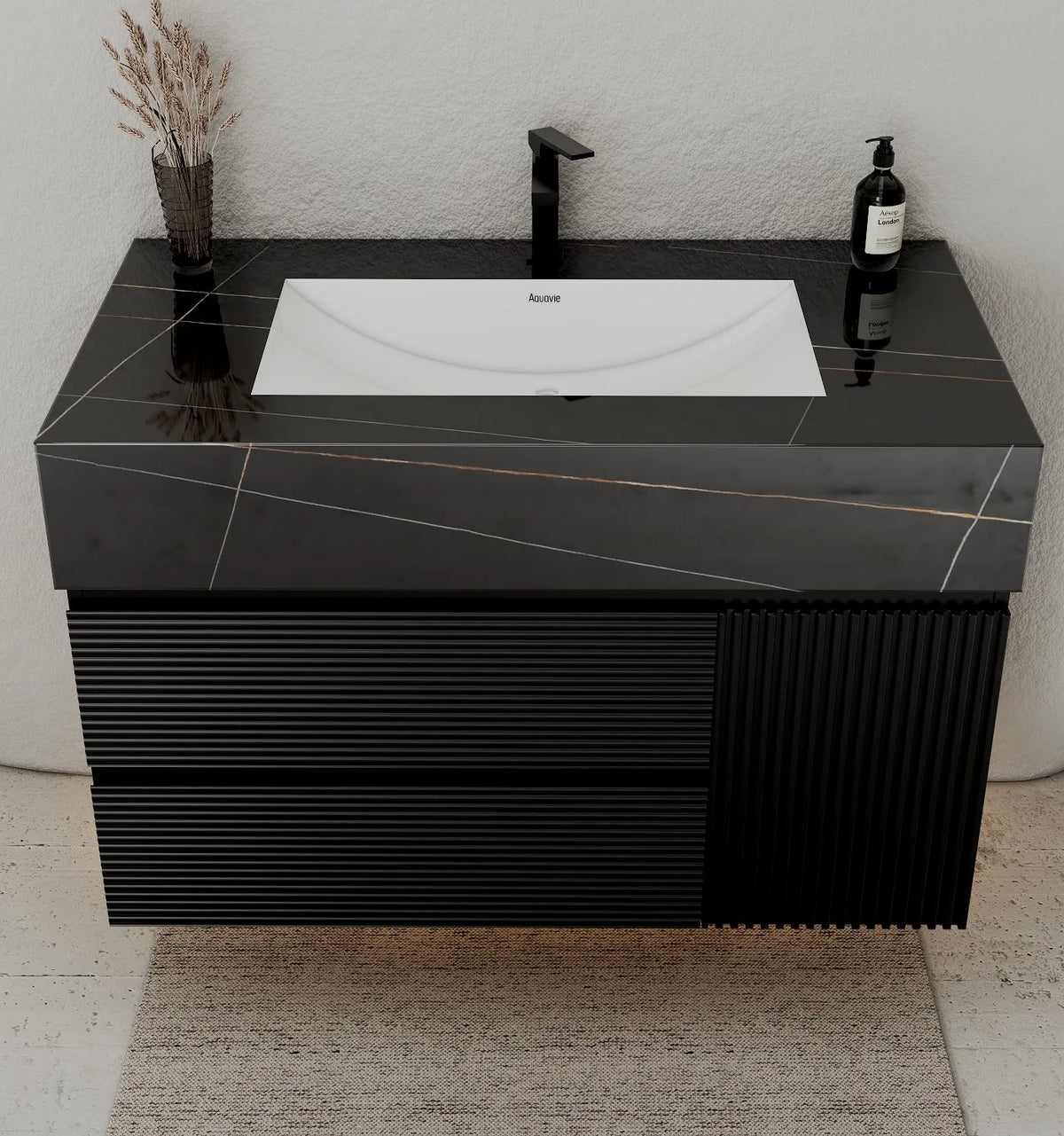 Aventino 32-48" Black Marquina Gold Veins single-sink fluted floating vanity — sintered stone top