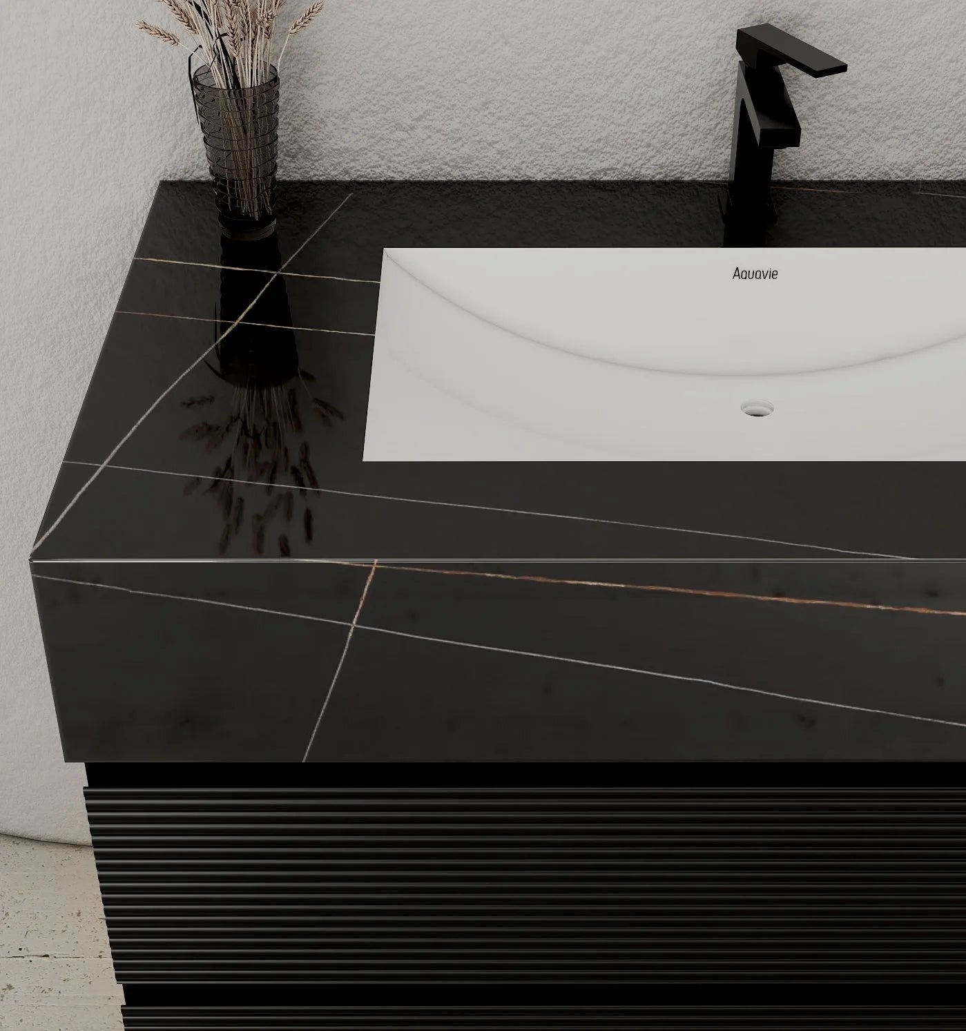 Aventino 32-48" Black Fluted Floating Single-Sink Vanity with Sintered Stone Top