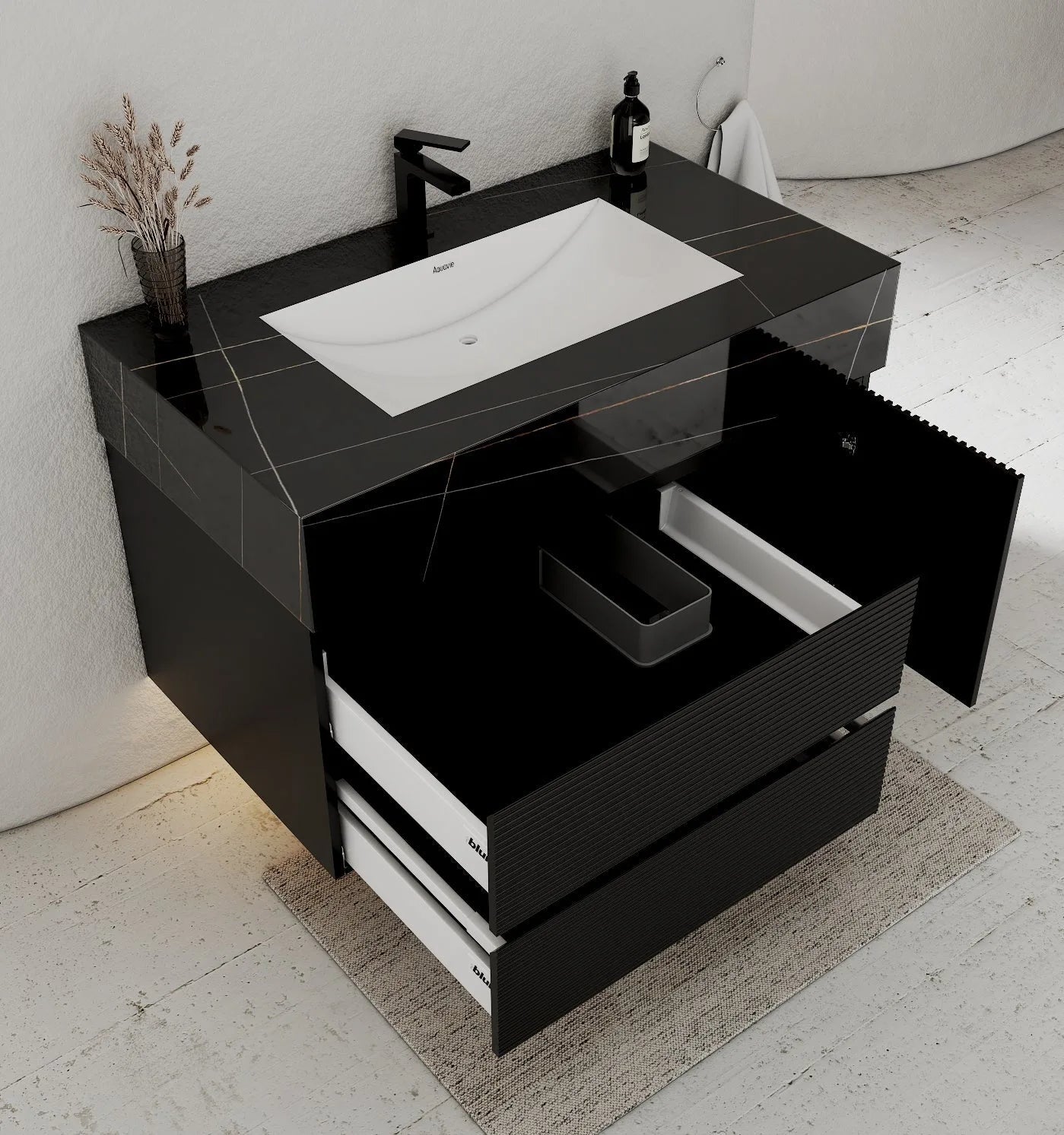 Aventino 32-48" Black Fluted Floating Single-Sink Vanity with Sintered Stone Top